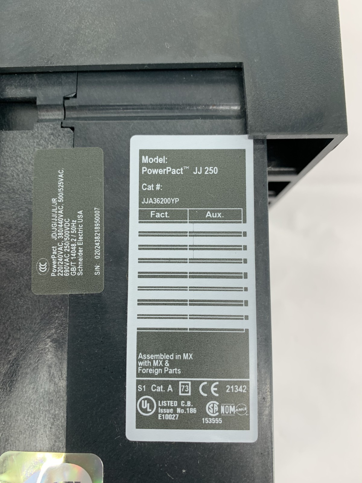 Square D JJA36200YP PowerPact JJ 250 I-Line Circuit Breaker 200A 480V 3P 3PH