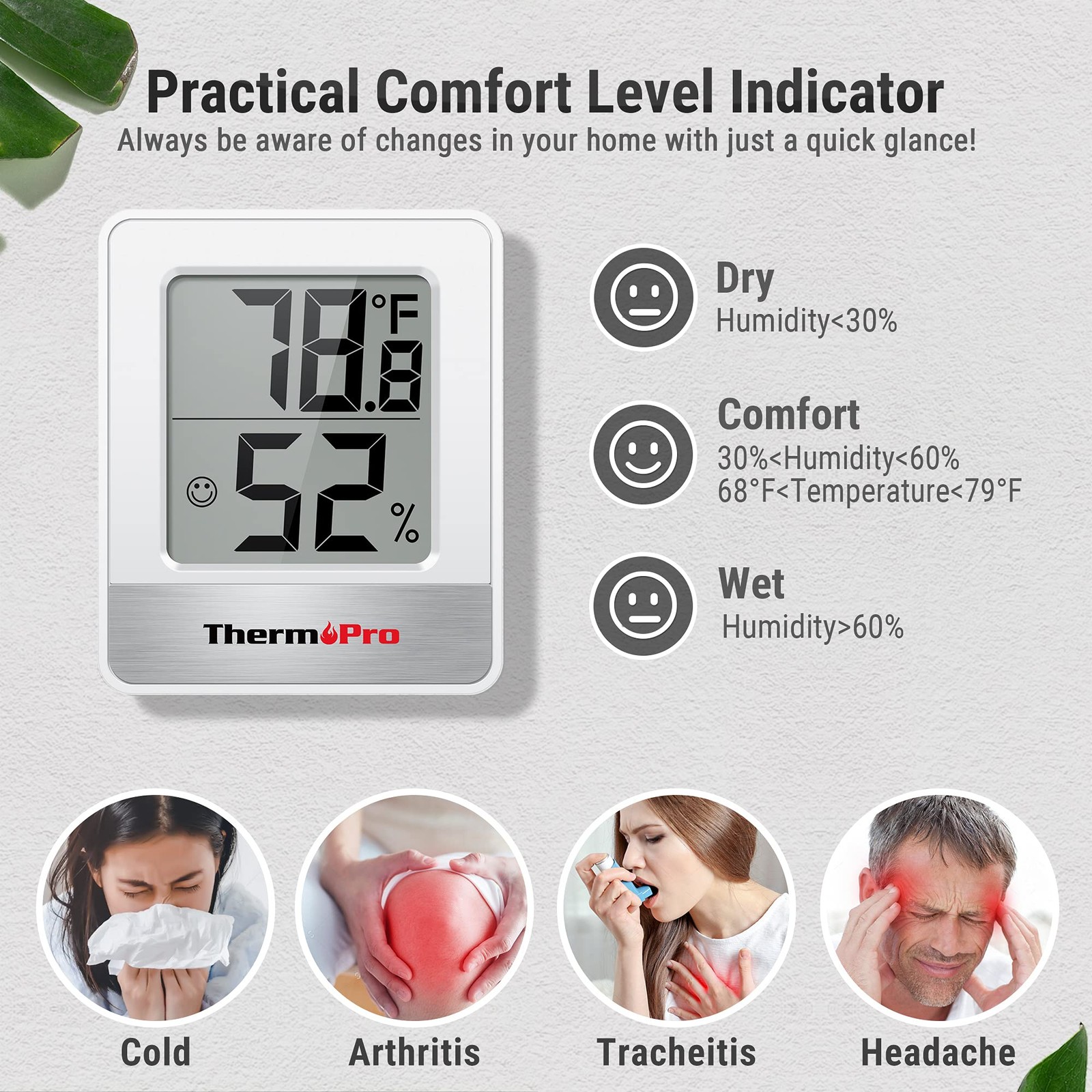 TempPro TP49 Digital Hygrometer Indoor small, White Thermometer