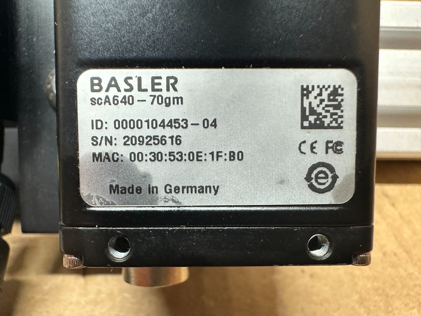 BASLER SCA640-70GM MONOCHROME CCD CAMERA + ORIENTAL DRL42PA2-10 S/N: 20925616