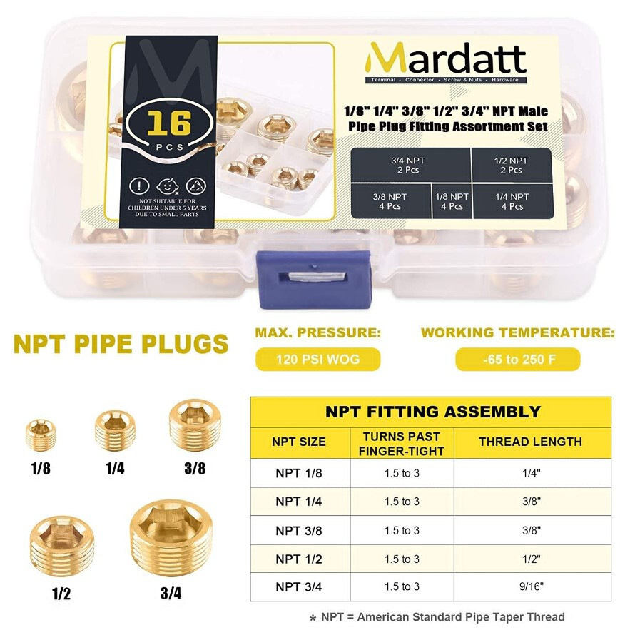 16Pcs Brass NPT Plug Assortment Kit 5 Sizes1/8″ 1/4″ 3/8″ 1/2 «3/4» Internal hex