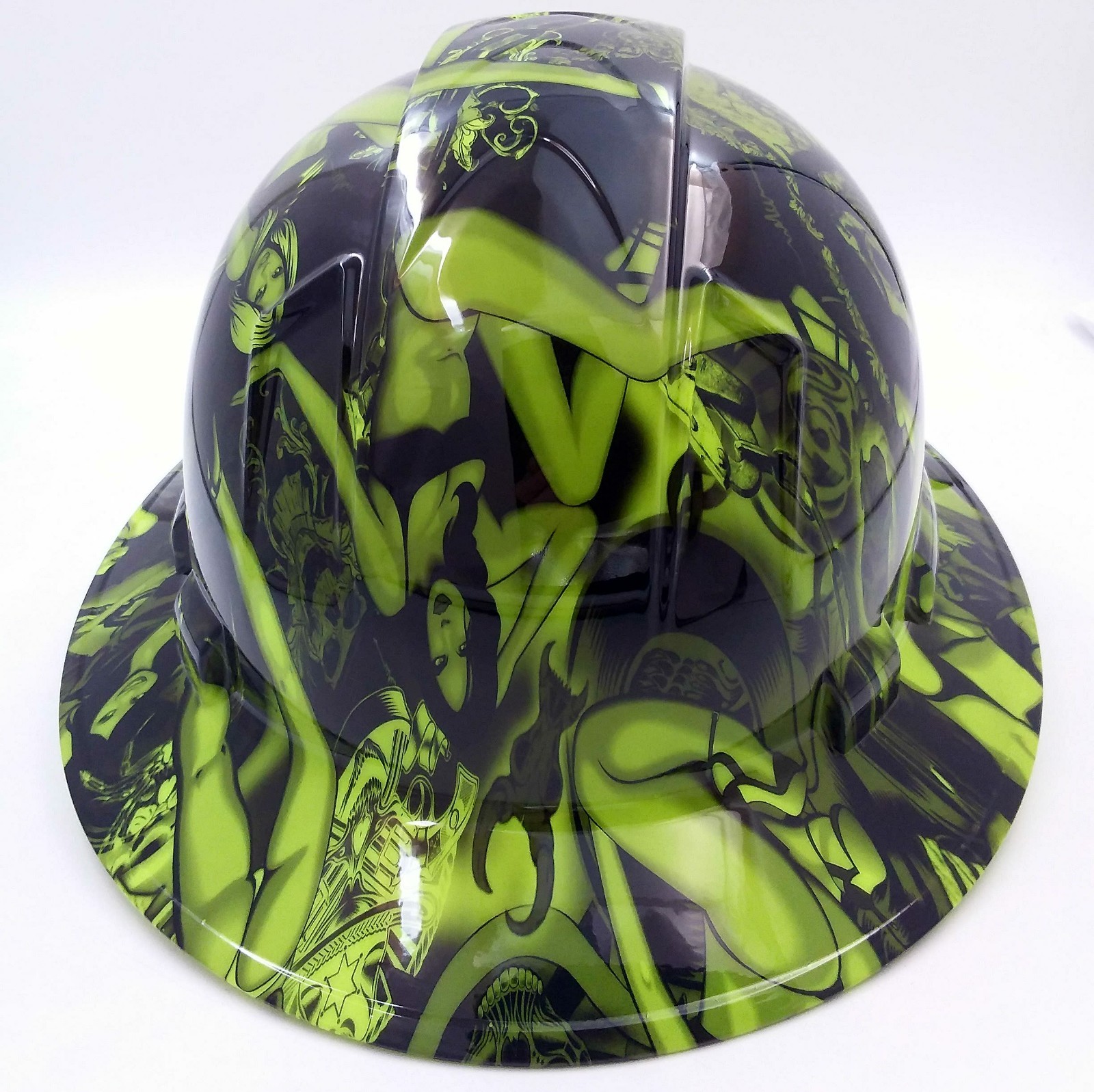 Hard Hat FULL BRIM custom hydro dipped , OSHA approved LIME BIKER BABES