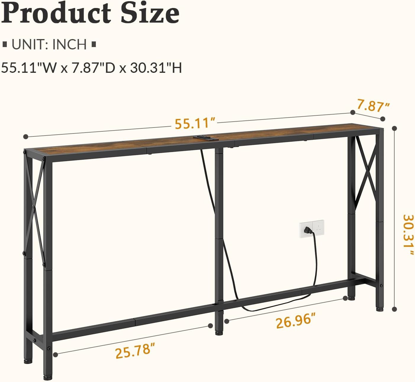 Narrow Console Table – 55.1″ Sofa Table behind Couch with Socket | Industrial St
