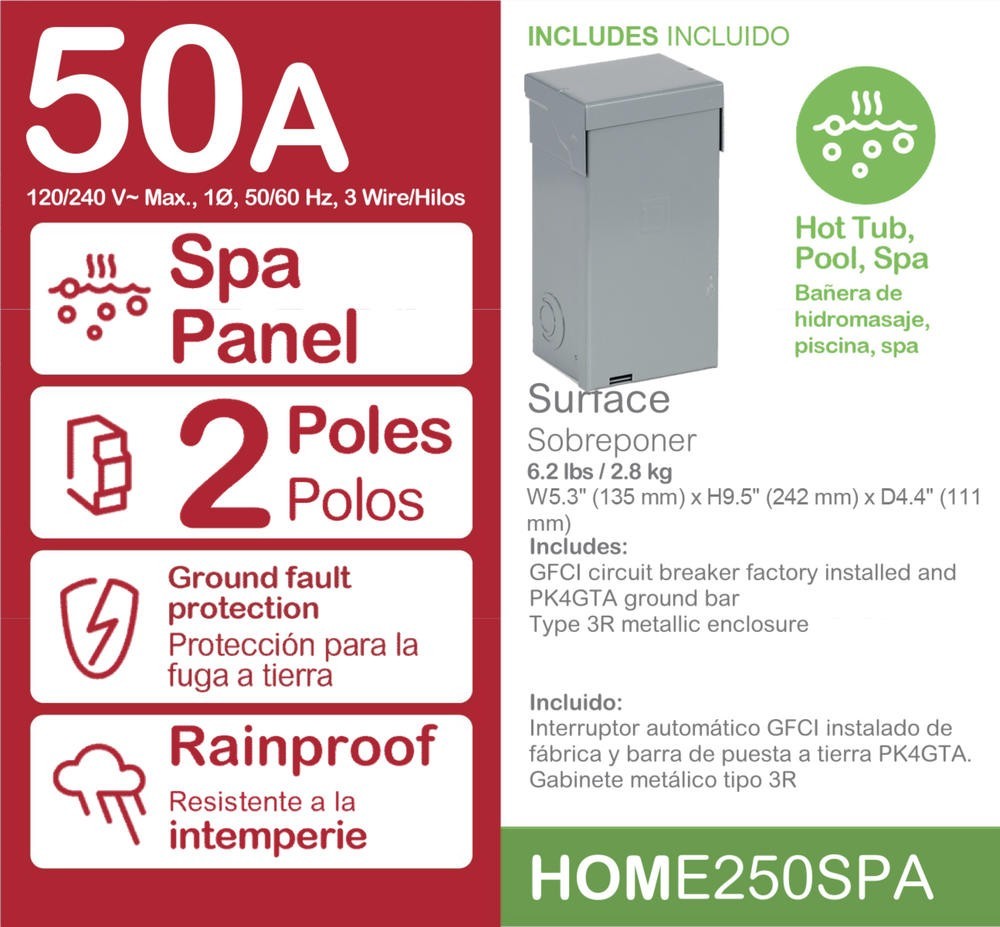 50 Amp 2 Space 4 Circuit Zinc Coated Steel Outdoor Spa Panel Padlockable Cover