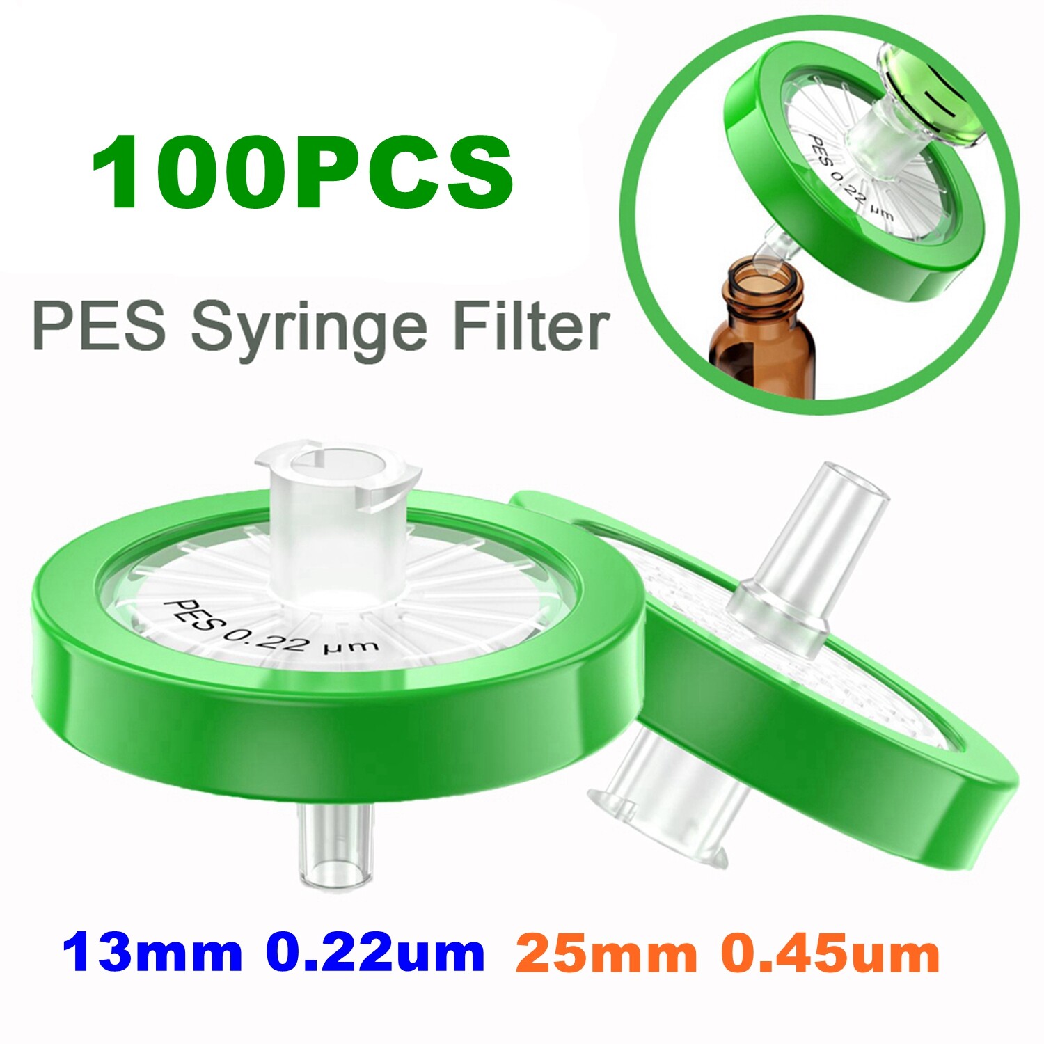 100pcs PES Syringe Filter 13mm 25mm Diameter, 0.45 um 0.22 μm Pore Size HPLC Lab