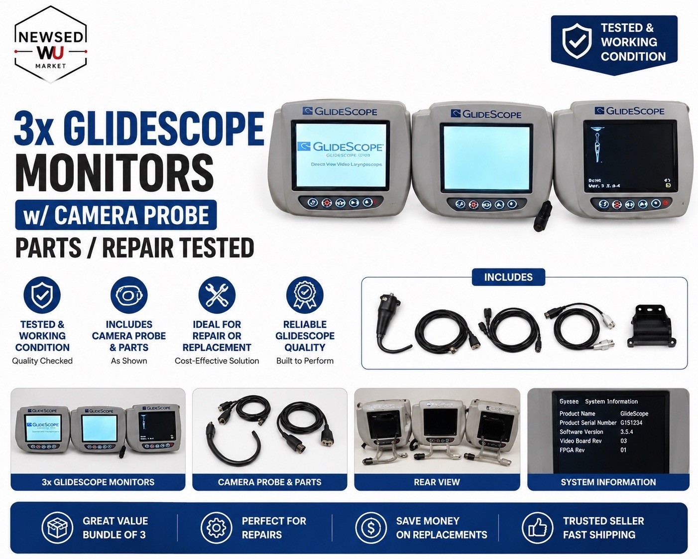 3x GlideScope Monitors w/ Camera Probe Parts/Repair Tested