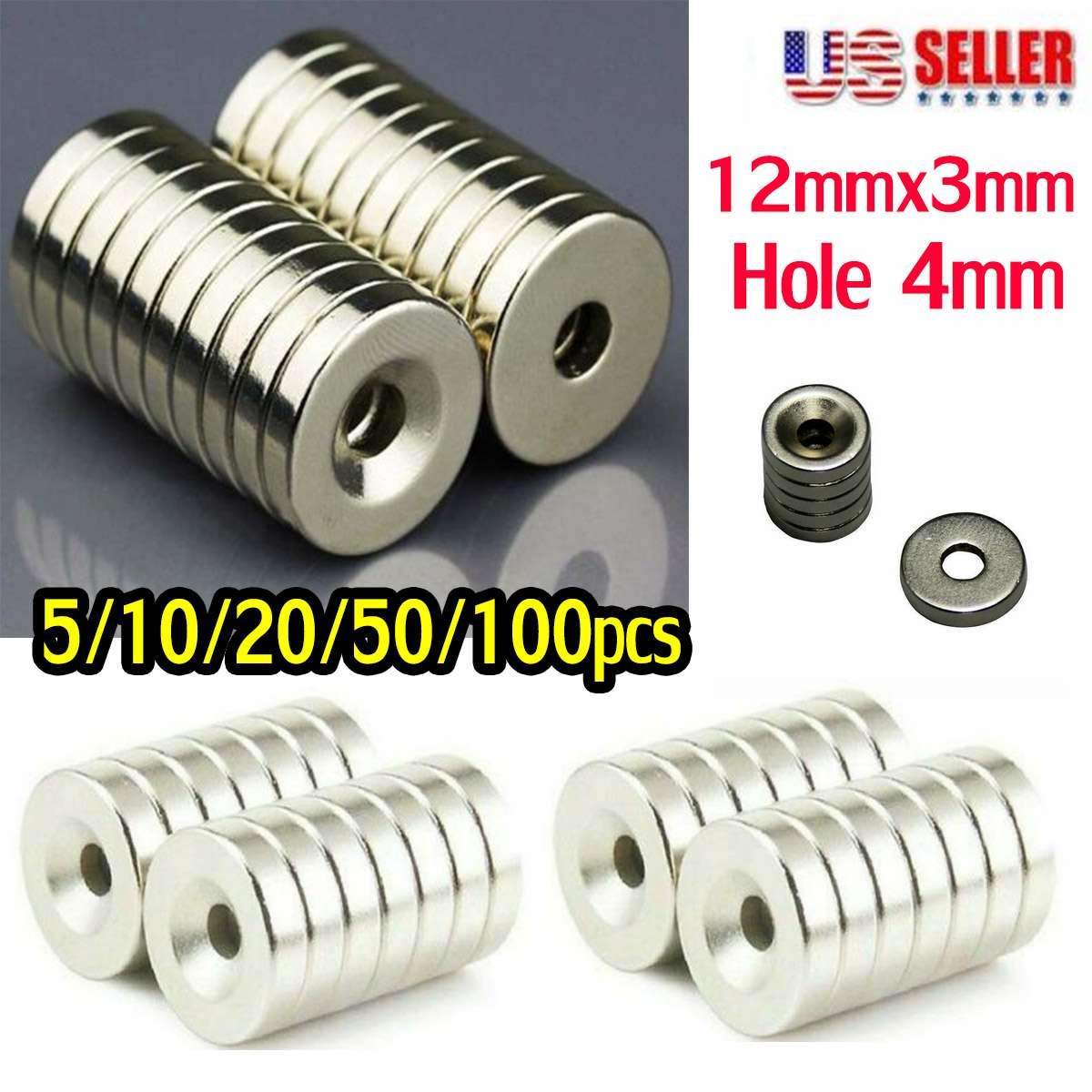 10/50/100pcs Strong Countersunk Ring Magnet 12x3mm Rare Earth Neodymium 4mm hole
