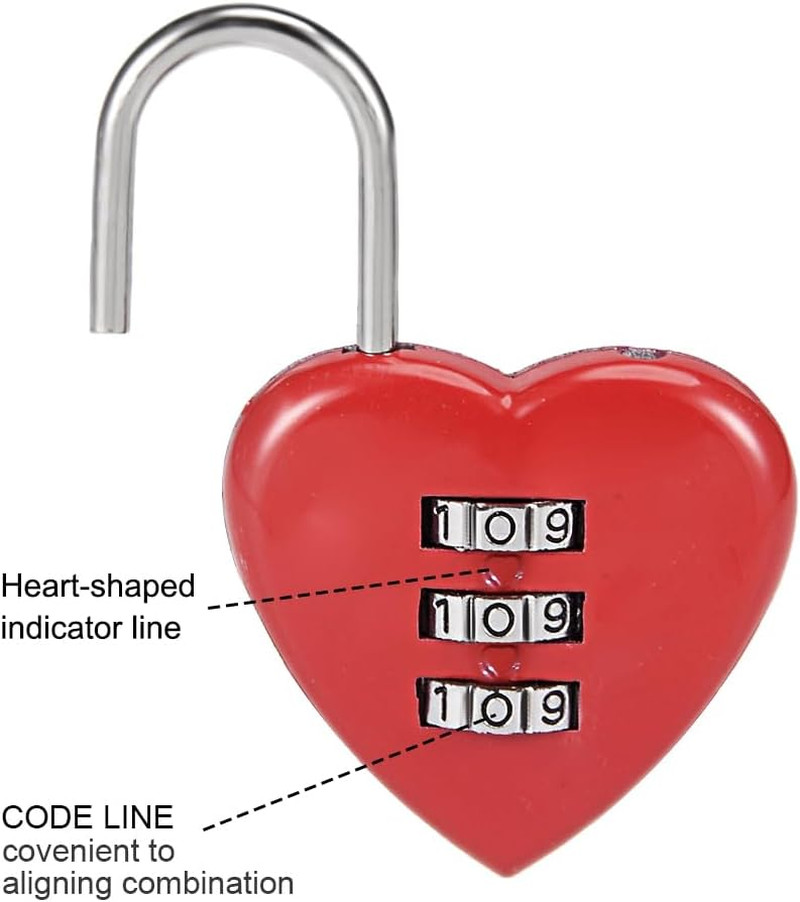 3 Digit Combination Padlock, 3Mm Shackle, Zinc Alloy Lock Heart Shaped