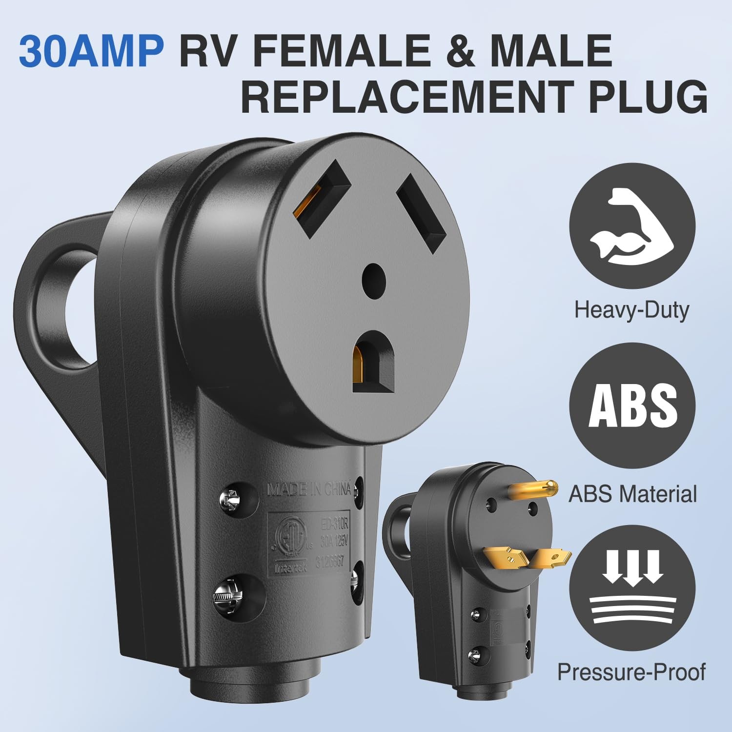 30 Amp RV Replacement Plug and Receptacle NEMA TT 30P TT 30R Heavy Duty Black