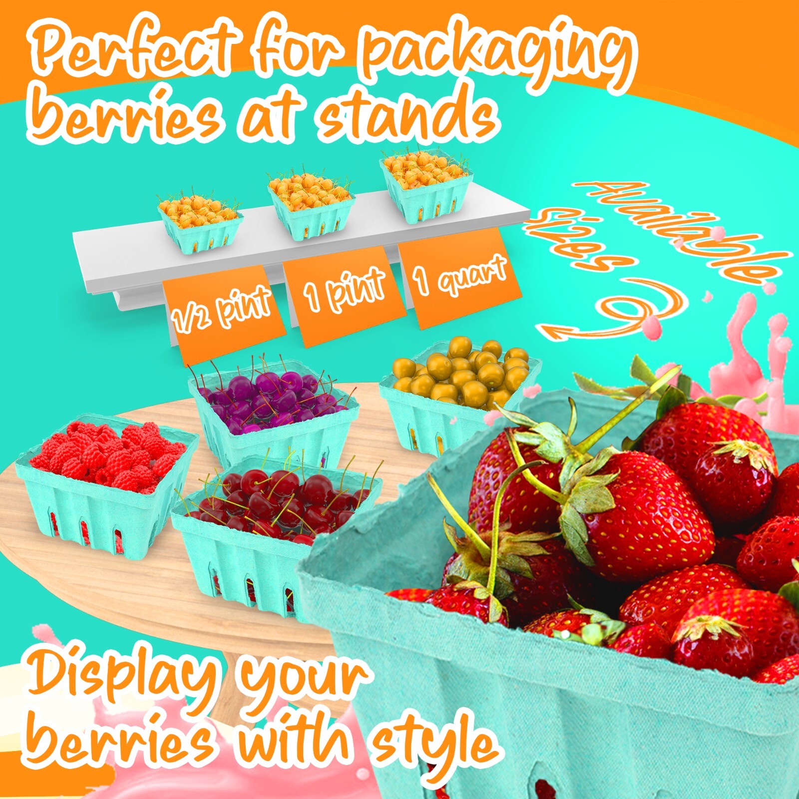 MT Products 1 Quart Green Pulp Vented Berry Produce Basket – Pack of 15