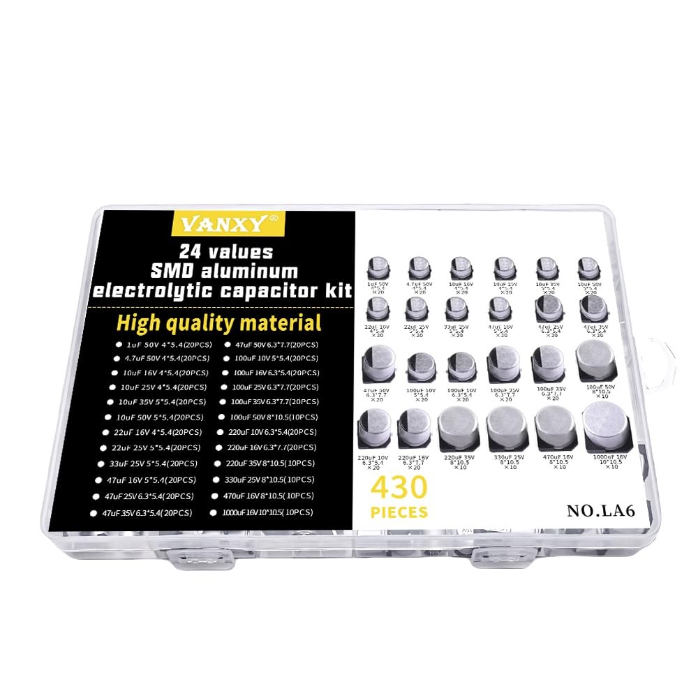 430 PCS SMD Aluminum Electrolytic Capacitors Kit, 24 Values, 1uF to 1000uF