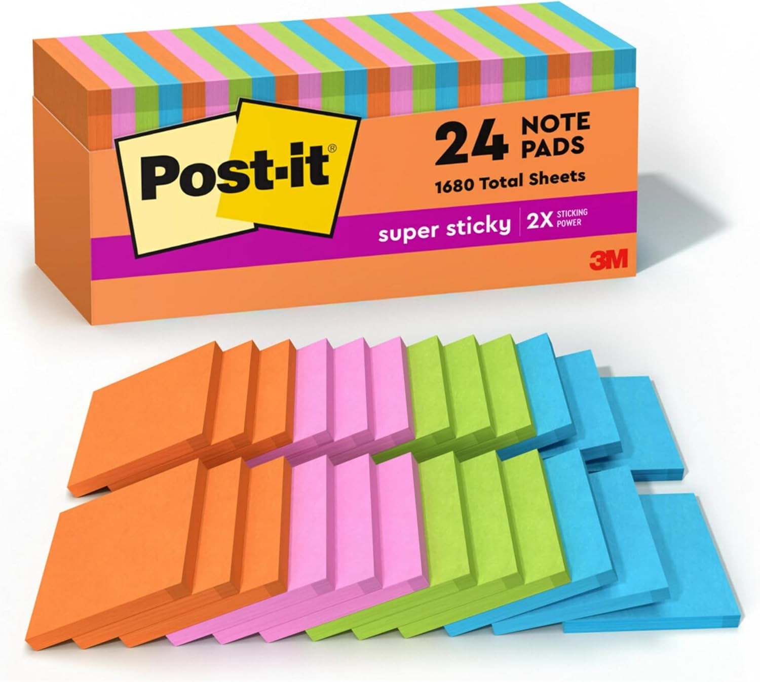 Post-it Super Sticky Notes 3×3, Neon Fizz, 24 Pads, 2X Sticking Power