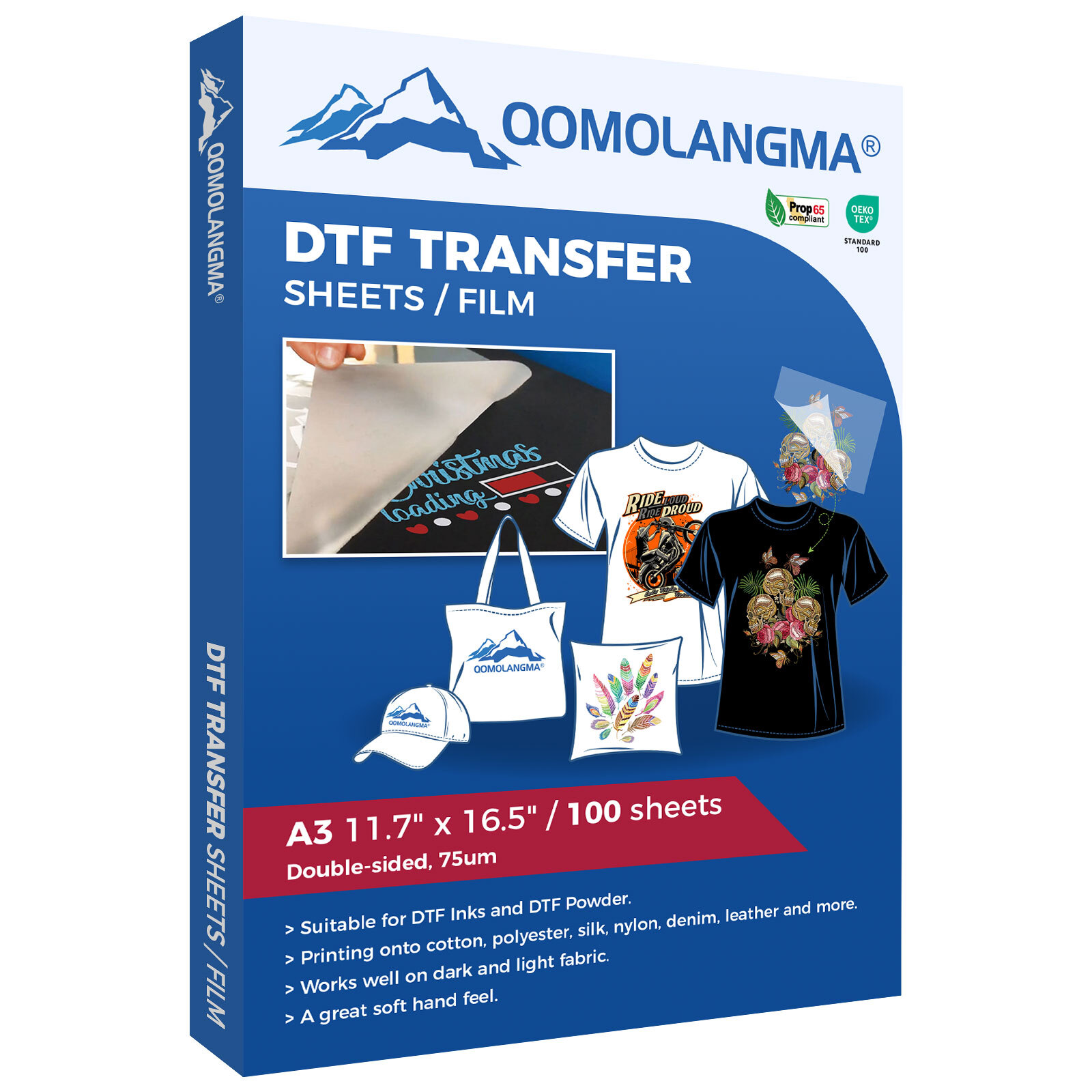 QOMOLANGMA A3 11.7″ x 16.5″ DTF Transfer Film – Double Sided Hot Peel 100 Sheets