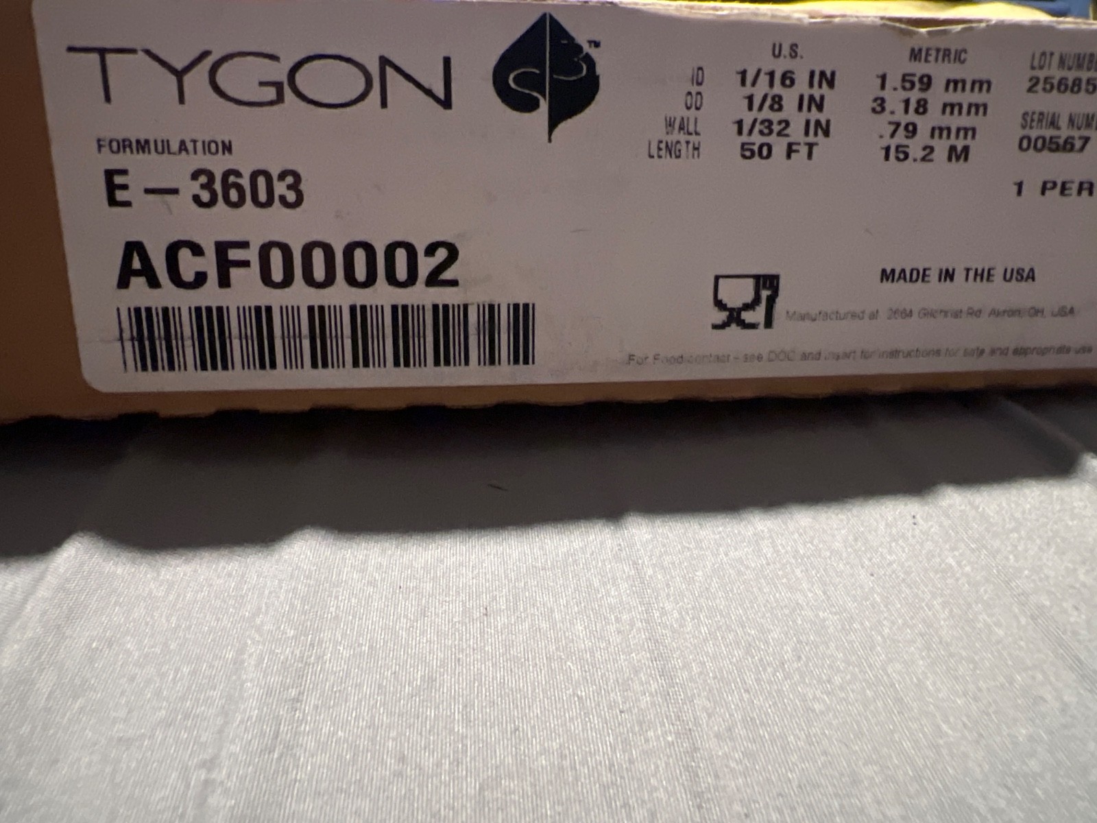Tygon S3 E-3603 Tubing ACF00002 1/8″ OD x 1/16″ ID x 1/32″ Wall x 50 Feet