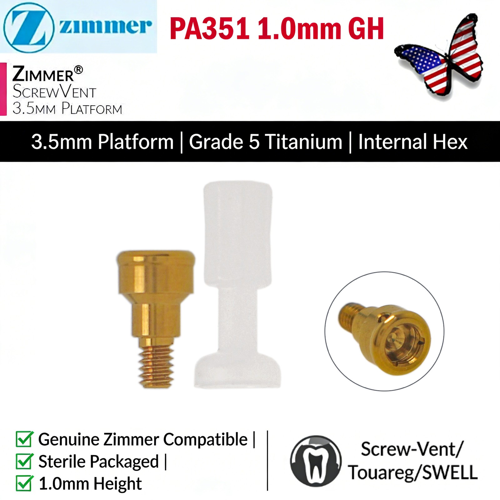 ZimVie LOCATOR Abutment for Tapered Screw Vent Implants 3.5mm/4.5mm Cuff Height