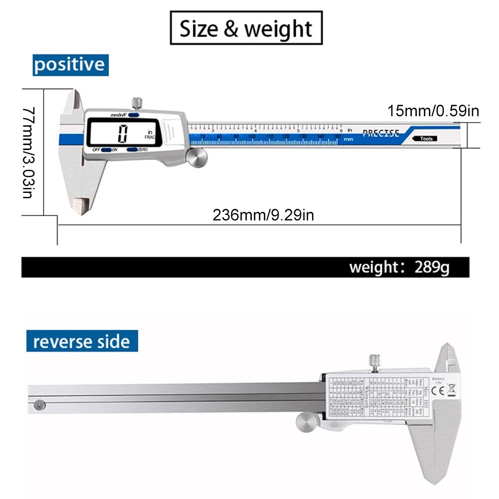 Digital Display Vernier Caliper 150mm Fraction/MM/Inch Caliper Stainless Steel