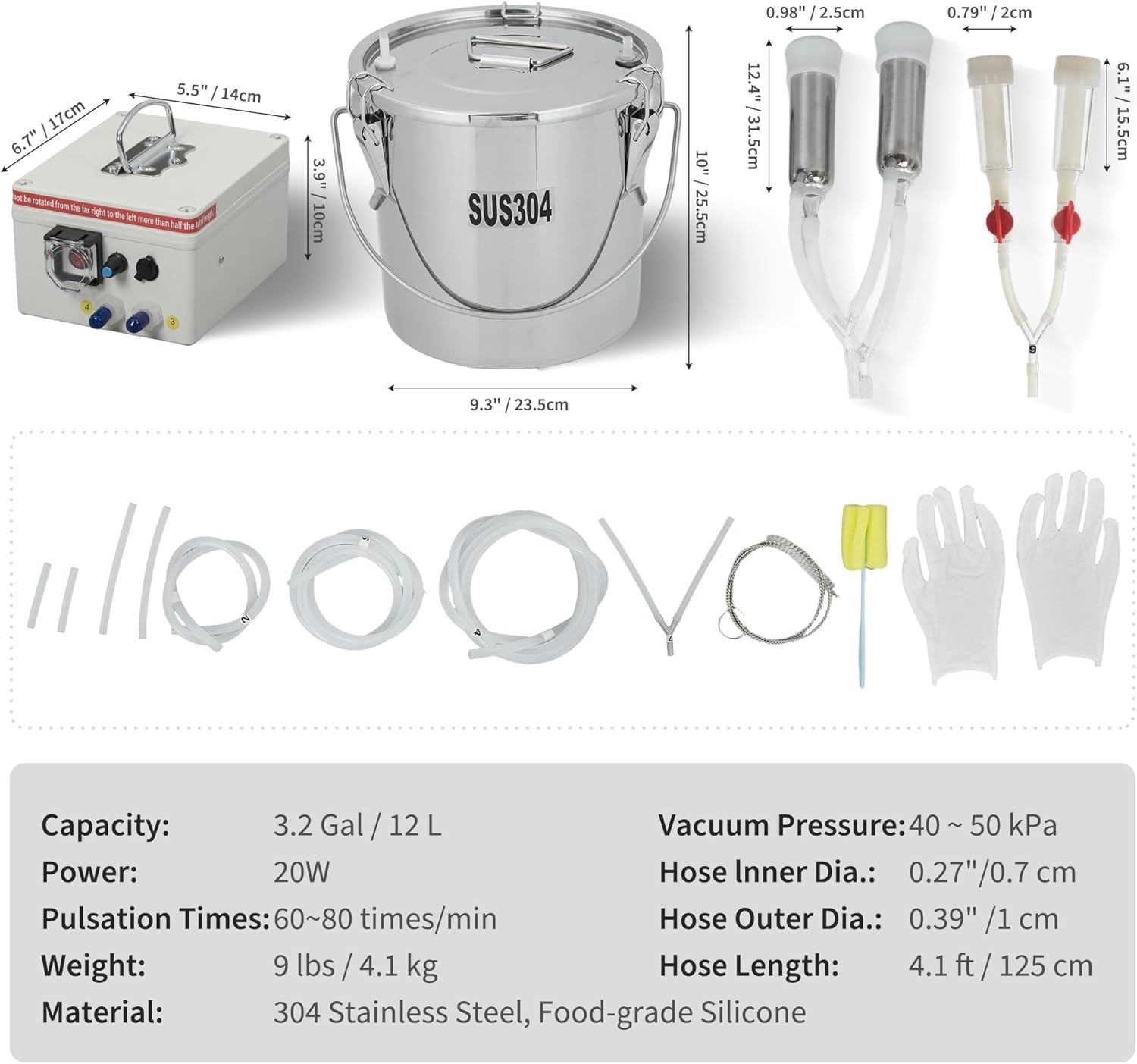Portable Electric Milking Machine w/ Battery, 45-50kPa Vacuum, 12L for Farm Use