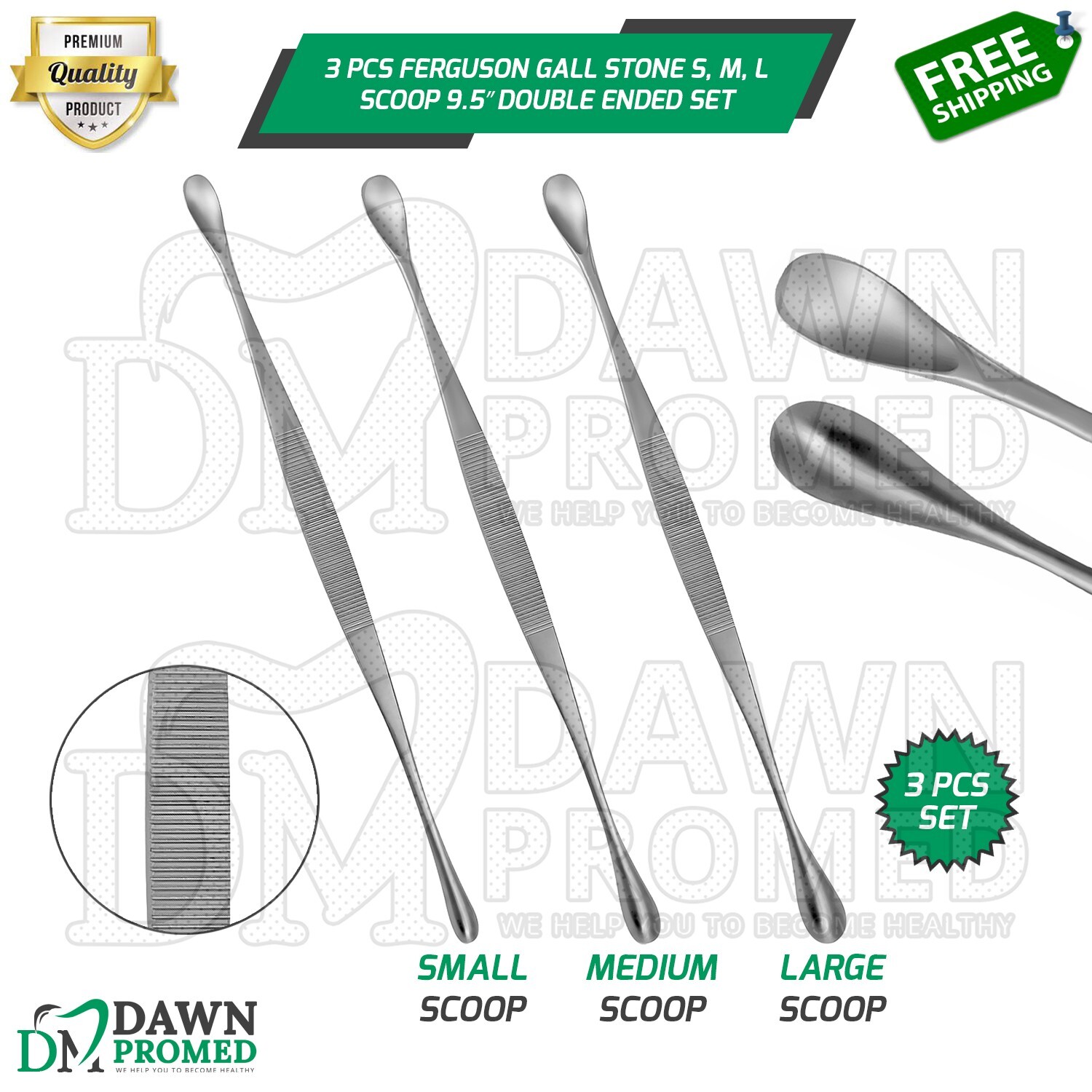 3 Pcs Ferguson Gall Stone Scoop 9.5″ S,M,L Double Ended Set Surgical OB/GYN Inst