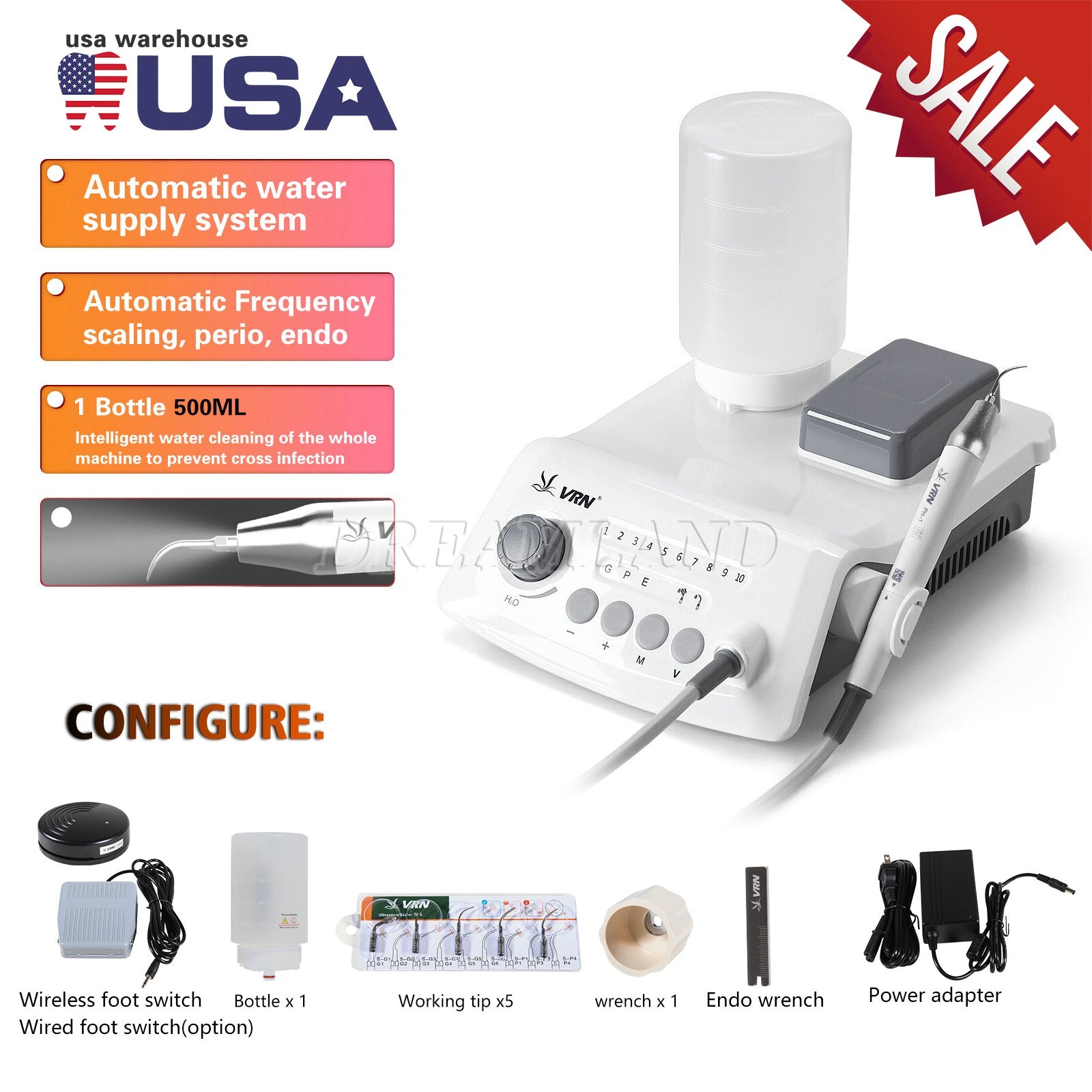 UPS VRN Dental Portable Ultrasonic Piezo Scaler A8 LED Detachable Handpiece