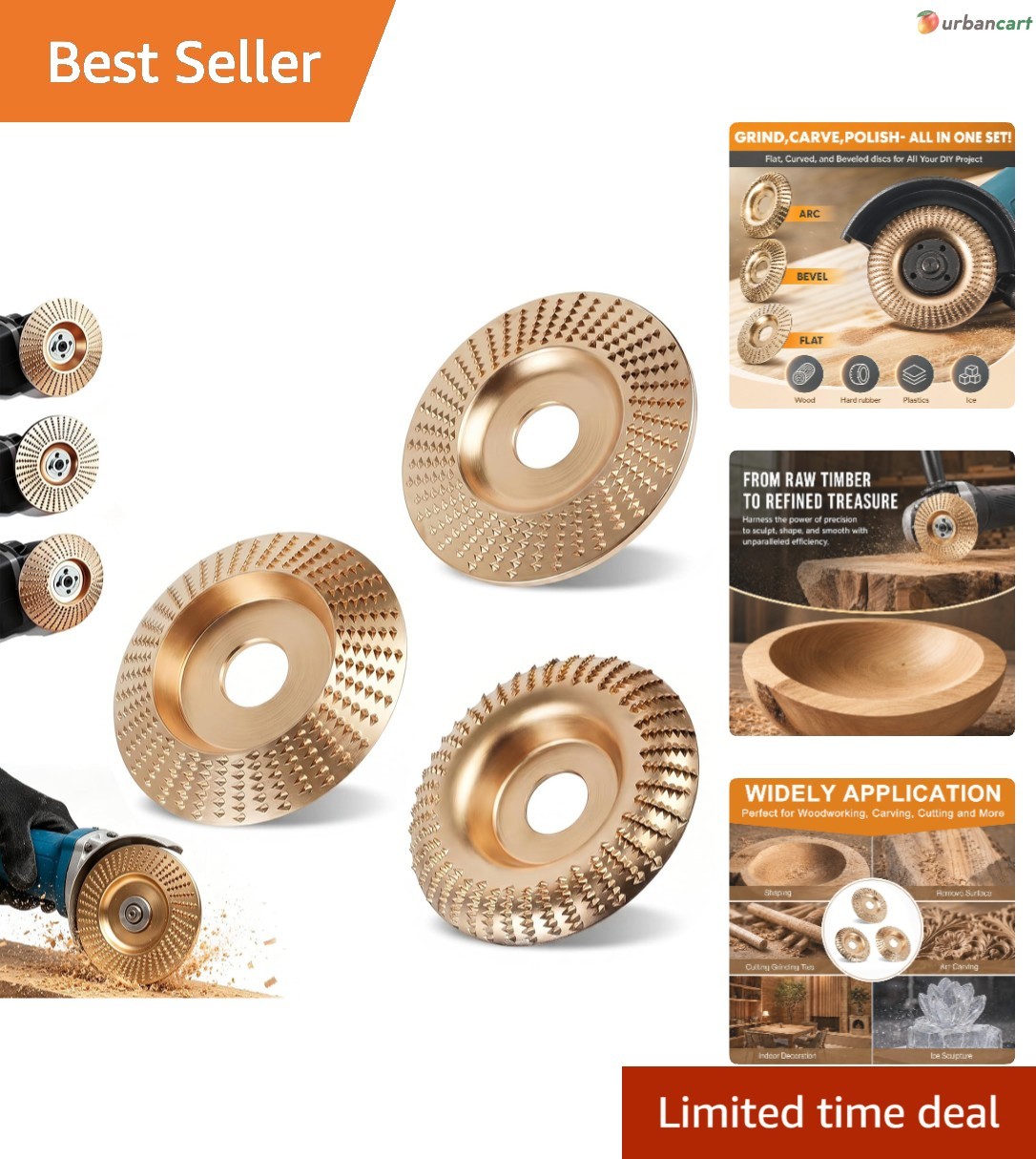 3Pcs Wood Shaping Wheel with Reducer Bushings For 4 4.5 Inch Grinder