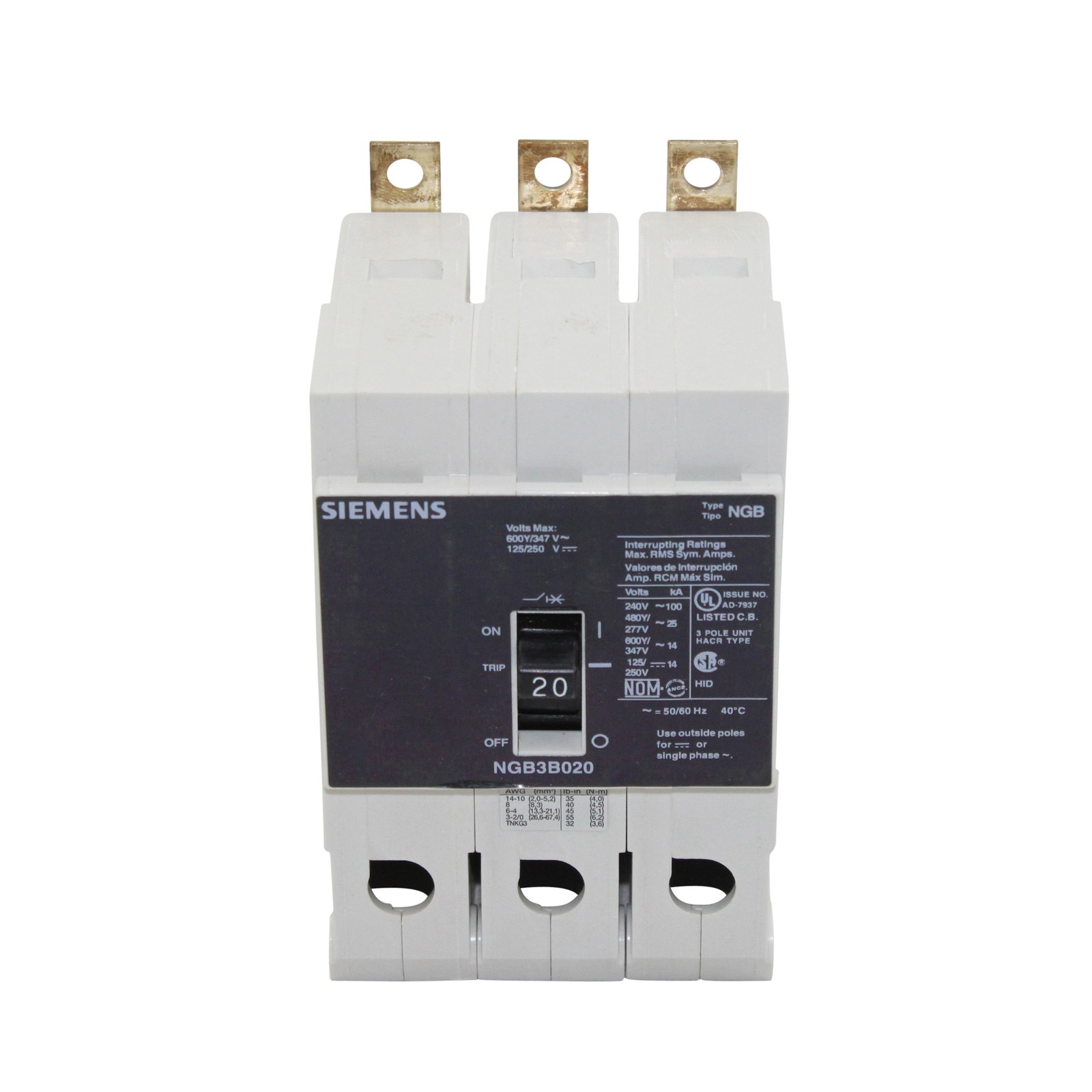 SIEMENS ITE NGB3B020B 20A 277/480V 3P 14KA MOLDED CASE CIRCUIT BREAKER