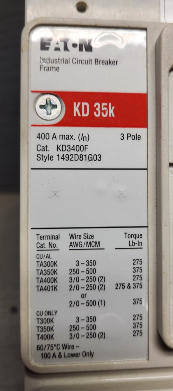Eaton KD3400F 400A 600V 3 Pole Circuit Breaker with KT3400T 400A Trip Unit