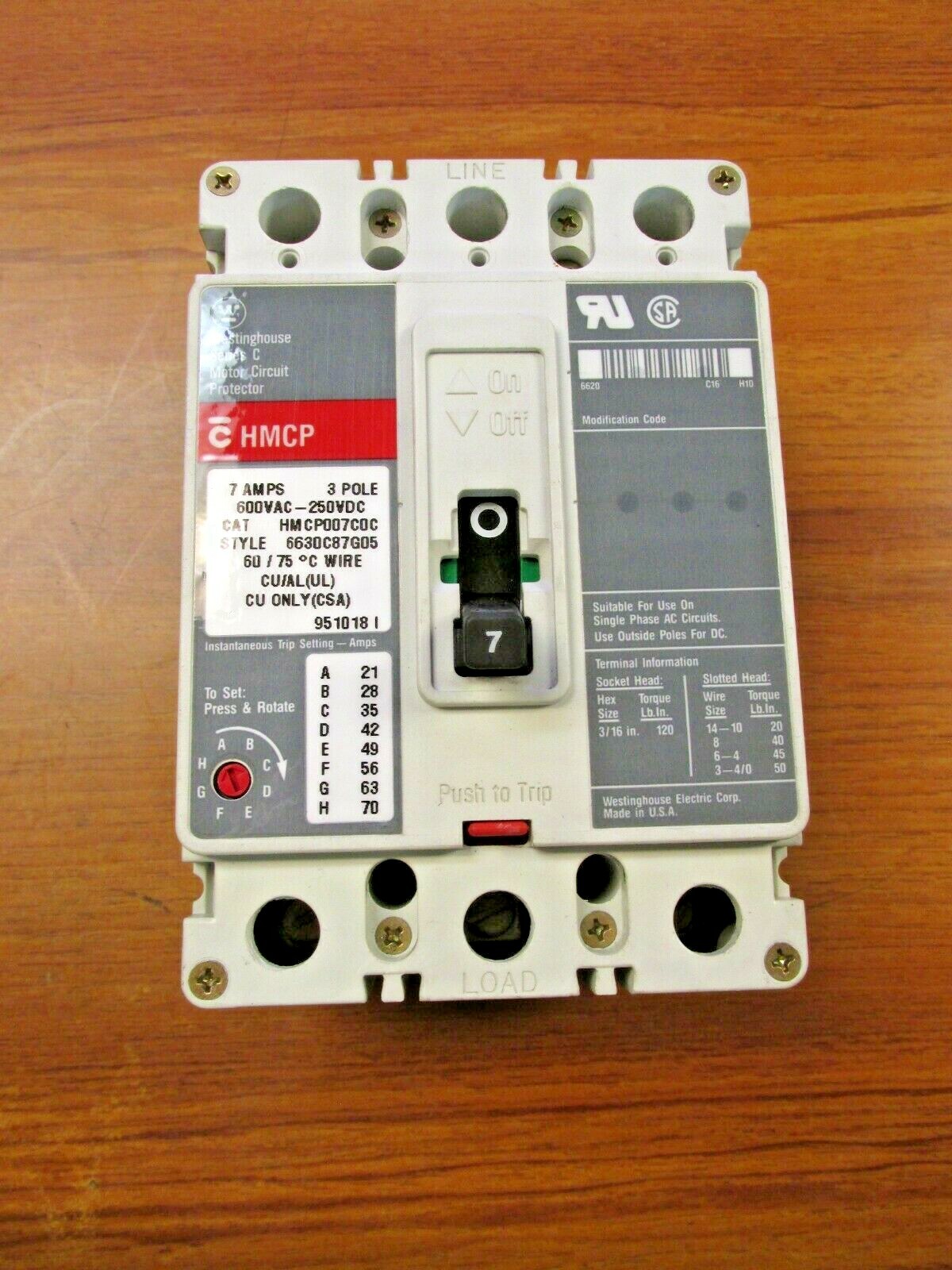 WESTINGHOUSE MOTOR CIRCUIT PROTECTOR 3P, 7A, CAT# HMCP007C0C .. VA-135G