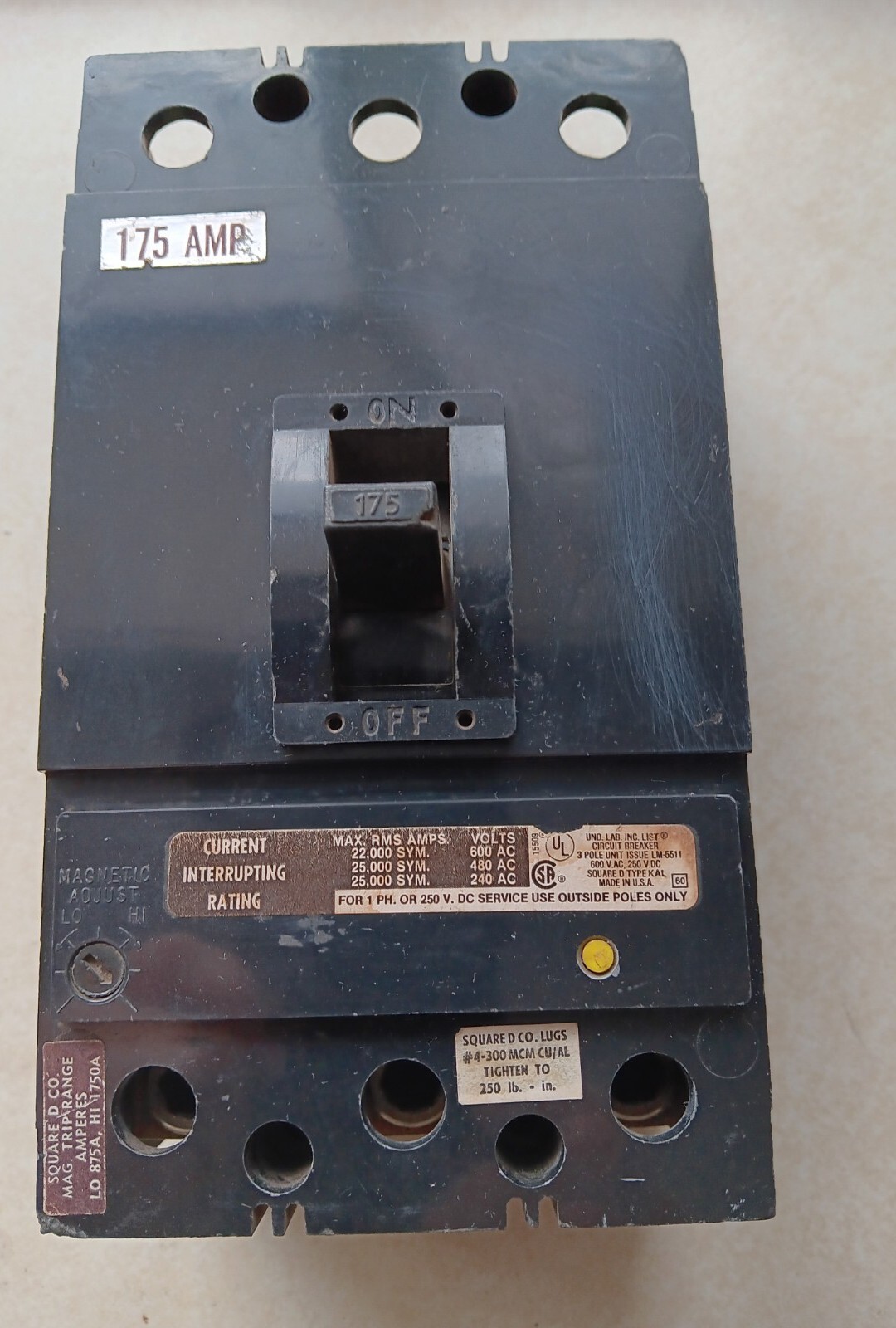 Square D 175 Amp 25kA@480V 22kA@ 600V Max Circuit breaker KAL36175