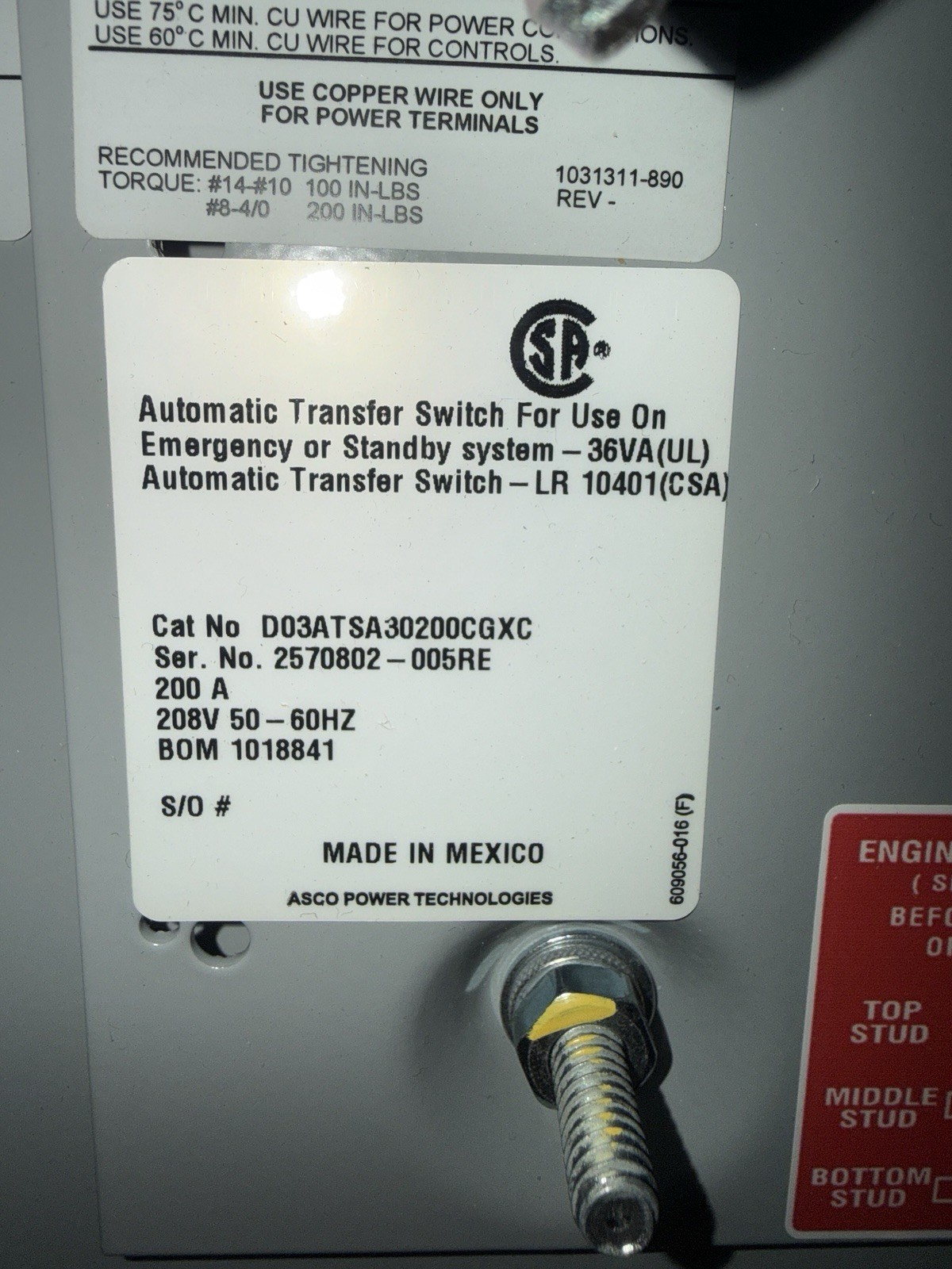 ASCO D03ATSA30200CGXC 200A 208V 3P AUTOMATIC TRANSFER SWITCH 50-60HZ