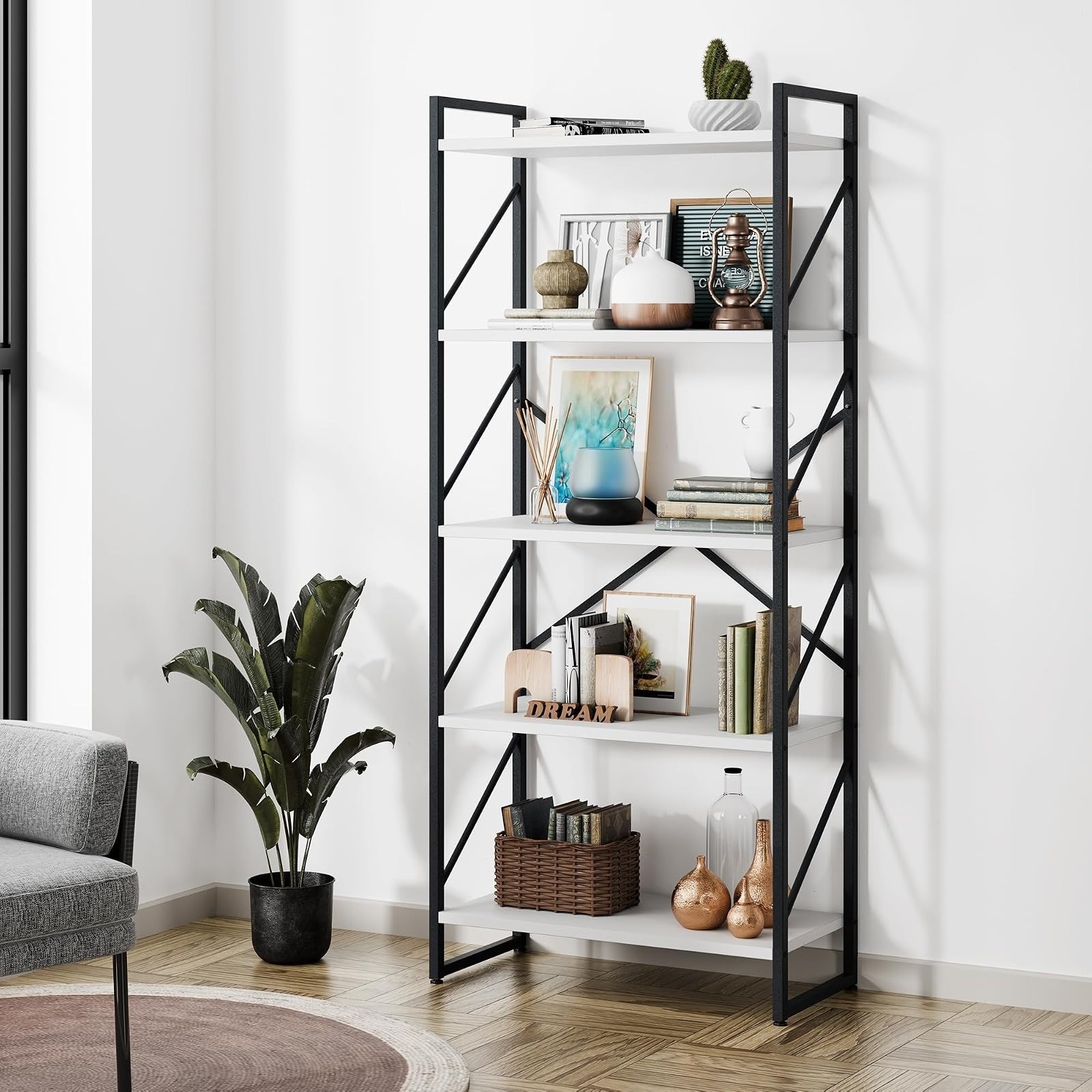 Shintenchi 5 Tier Bookshelf – Modern Industrial Bookcase for Home & Office