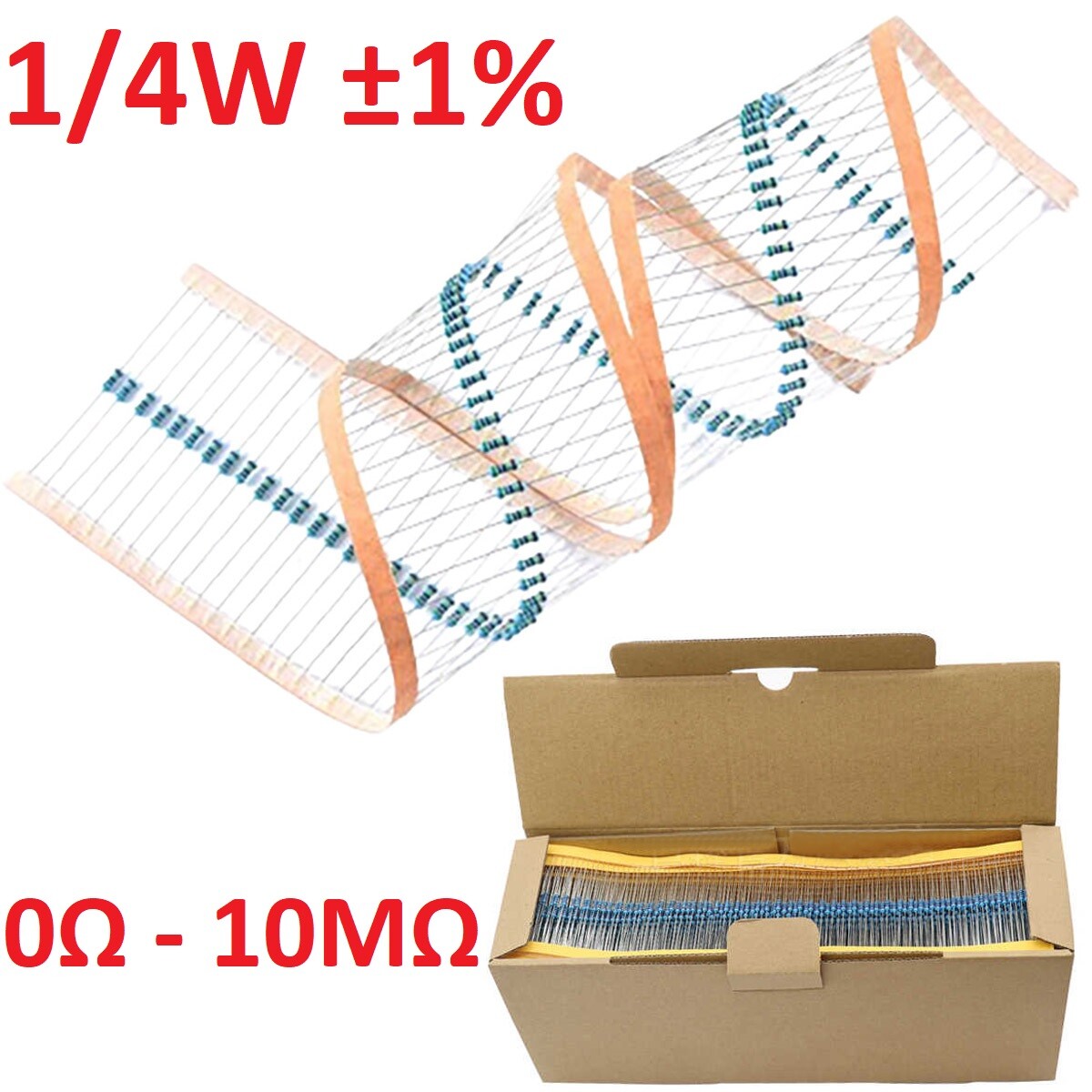 5000PCS(a box)1/4W Metal Film Resistor ±1% -Full Range of Values (0Ω to 10MΩ)