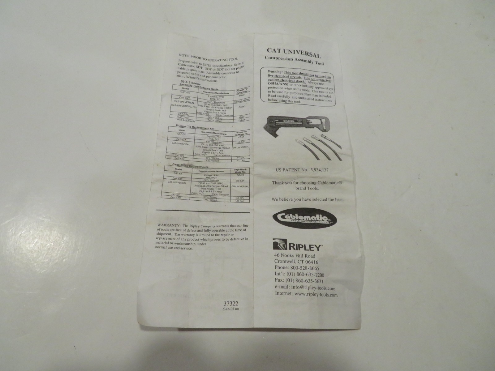 Cablematic Ripley CAT UNIVERSAL 59/6 Compression Assembly Tool No. 36175-1