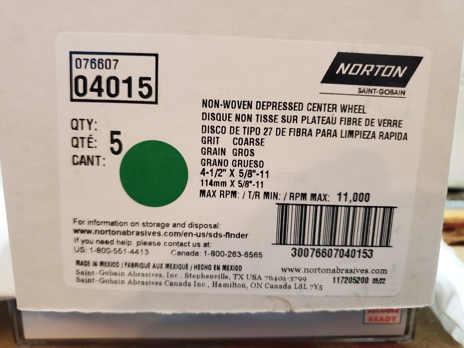 Norton 07660704015 5 pack Non-Woven Depressed Center wheel, 4-1/2″ RAPID STRIP