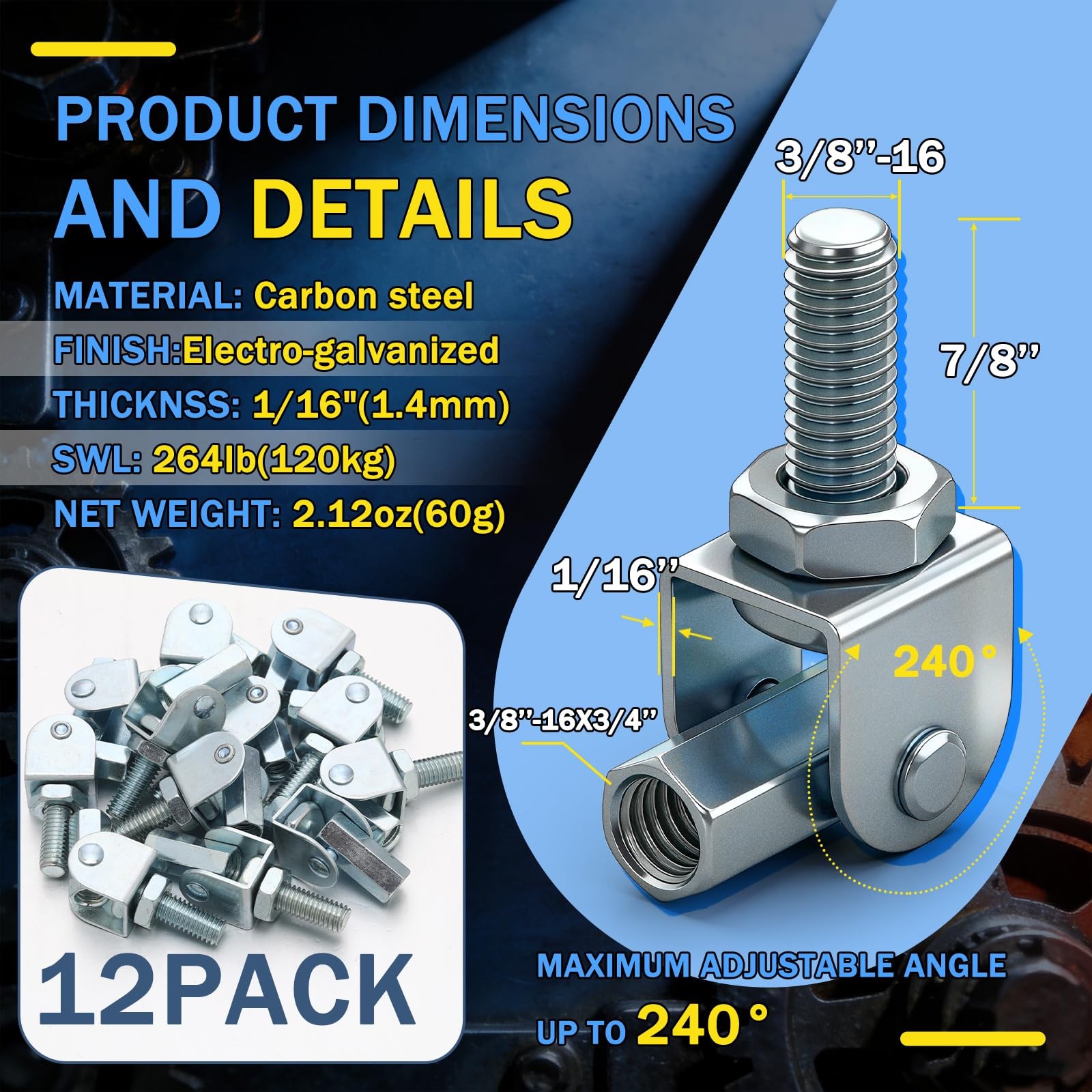 12 Pcs 3/8″ Swivel Joint Connector Adjustable Threaded Rod Hanger Heavy Duty