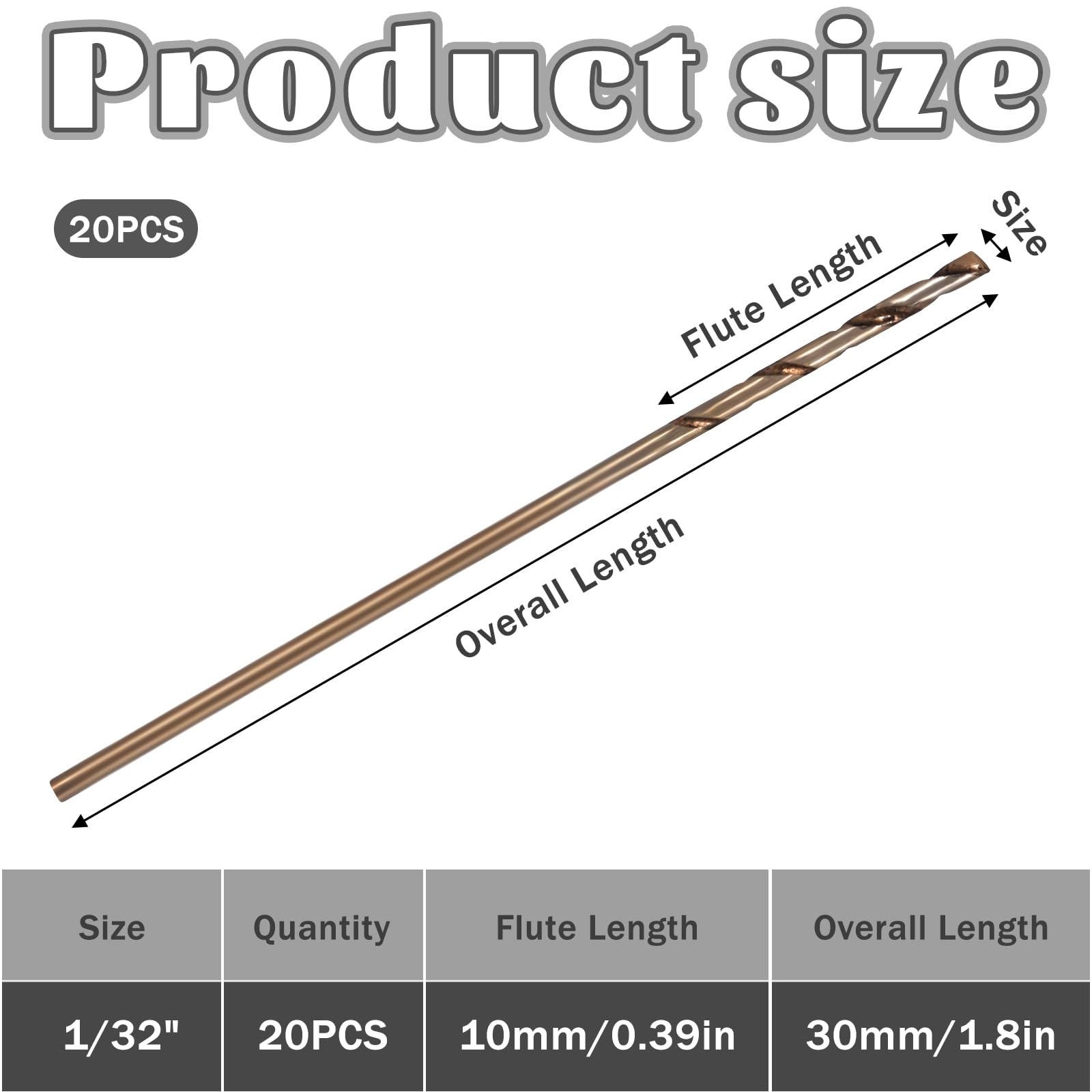 1/32″ Cobalt Drill Bit Set, 20 Pcs M35 High Speed Steel 0.8 millimeters