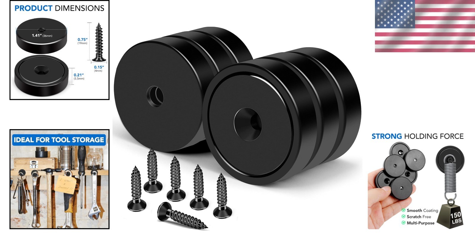 Heavy Duty Magnets with Hole 150LB Strong Neodymium Wall Mount Magnets 6 Pack