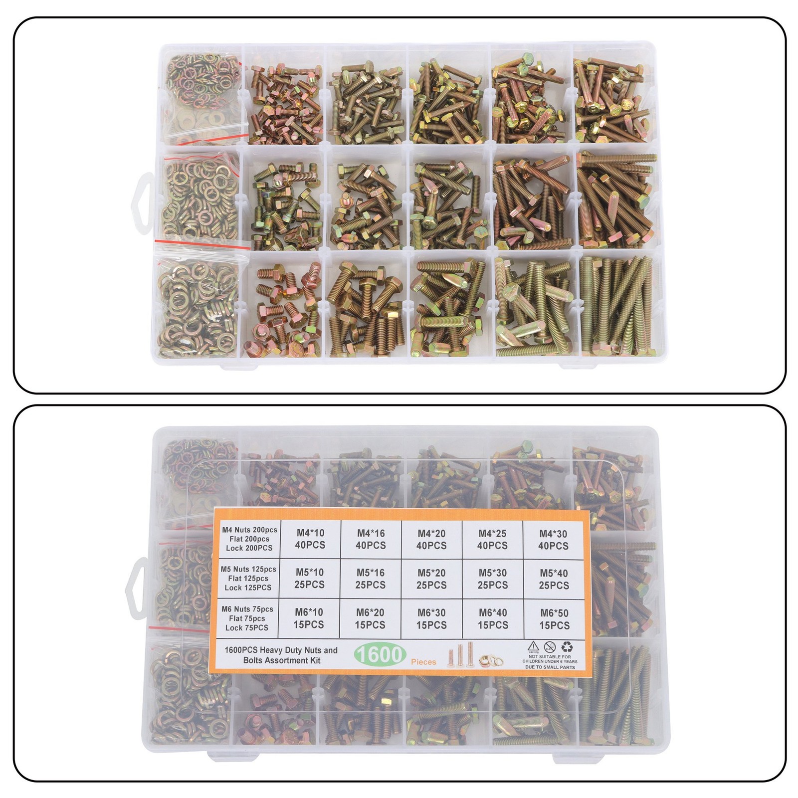 1600PCS M4 M5 M6 GRADE 8.8 BOLTS AND NUTS FLAT & LOCK WASHERS ASSORTMENT KIT