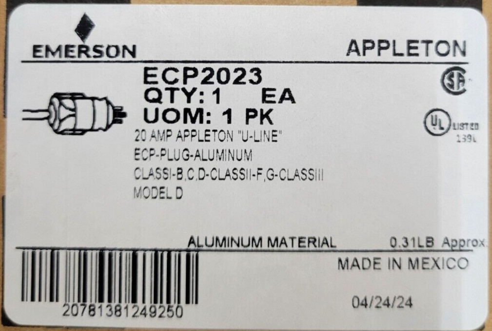 Appleton ECP2023 U-Line 20A Explosion Proof Plug 125V Class I II Div 1 & 2 New