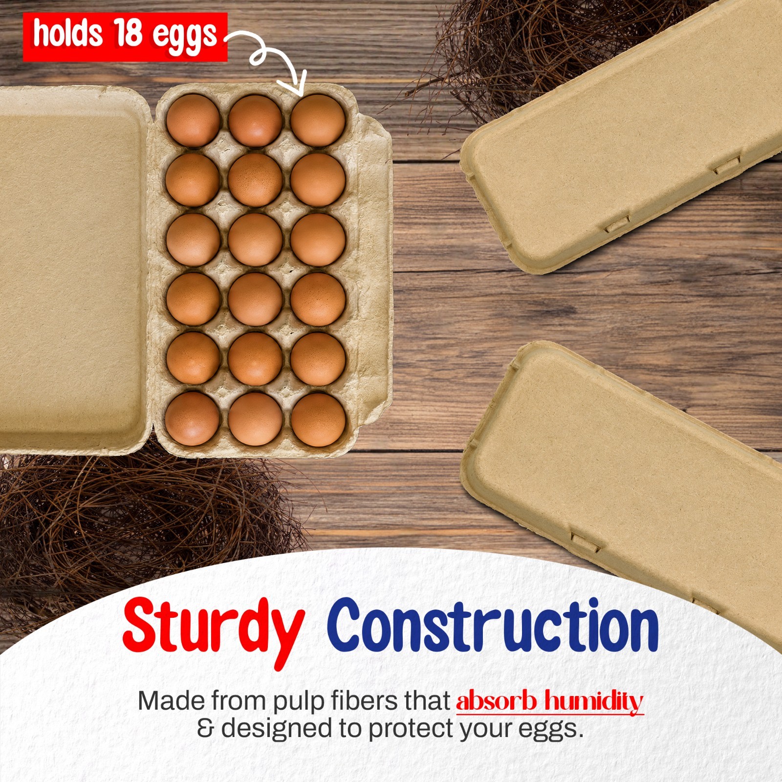 MT Products Brown Flat Top Egg Cartons 18 Count Pulp (150 Pack) – Made in USA