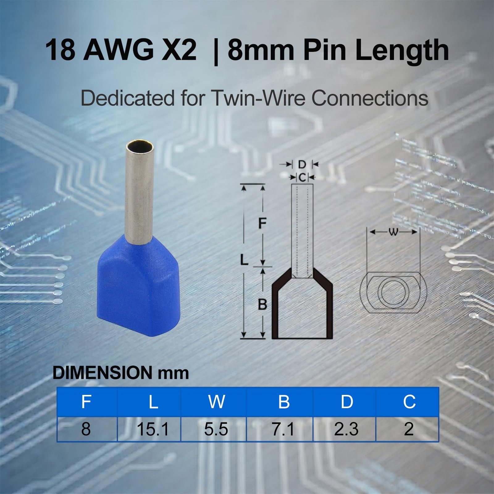 BAOMAIN 100-Pack 18 AWG Twin Wire Ferrules, Red TE1008 Dual 18 AWG,