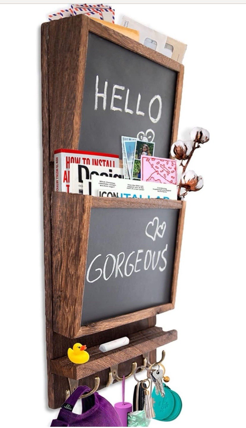 2-Slot Rustic Wood Wall Mounted Mail Sorter Organizer with Chalkboard-Rustic BR