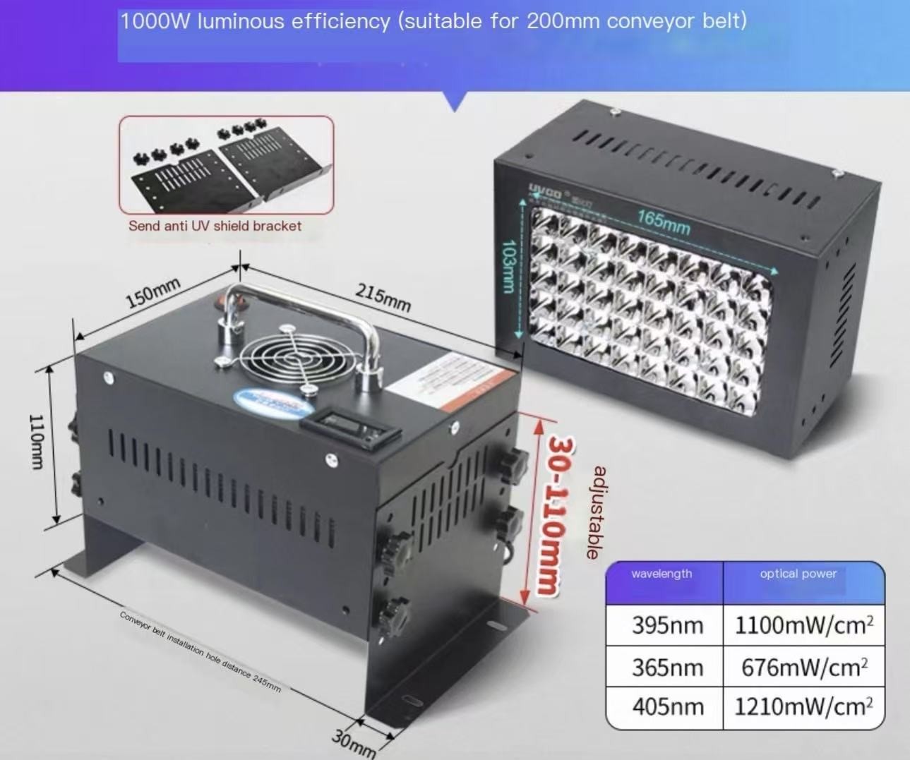 Conveyor Belt Dedicated UV Curing Lamp Light Belt Timing Function PLC Control