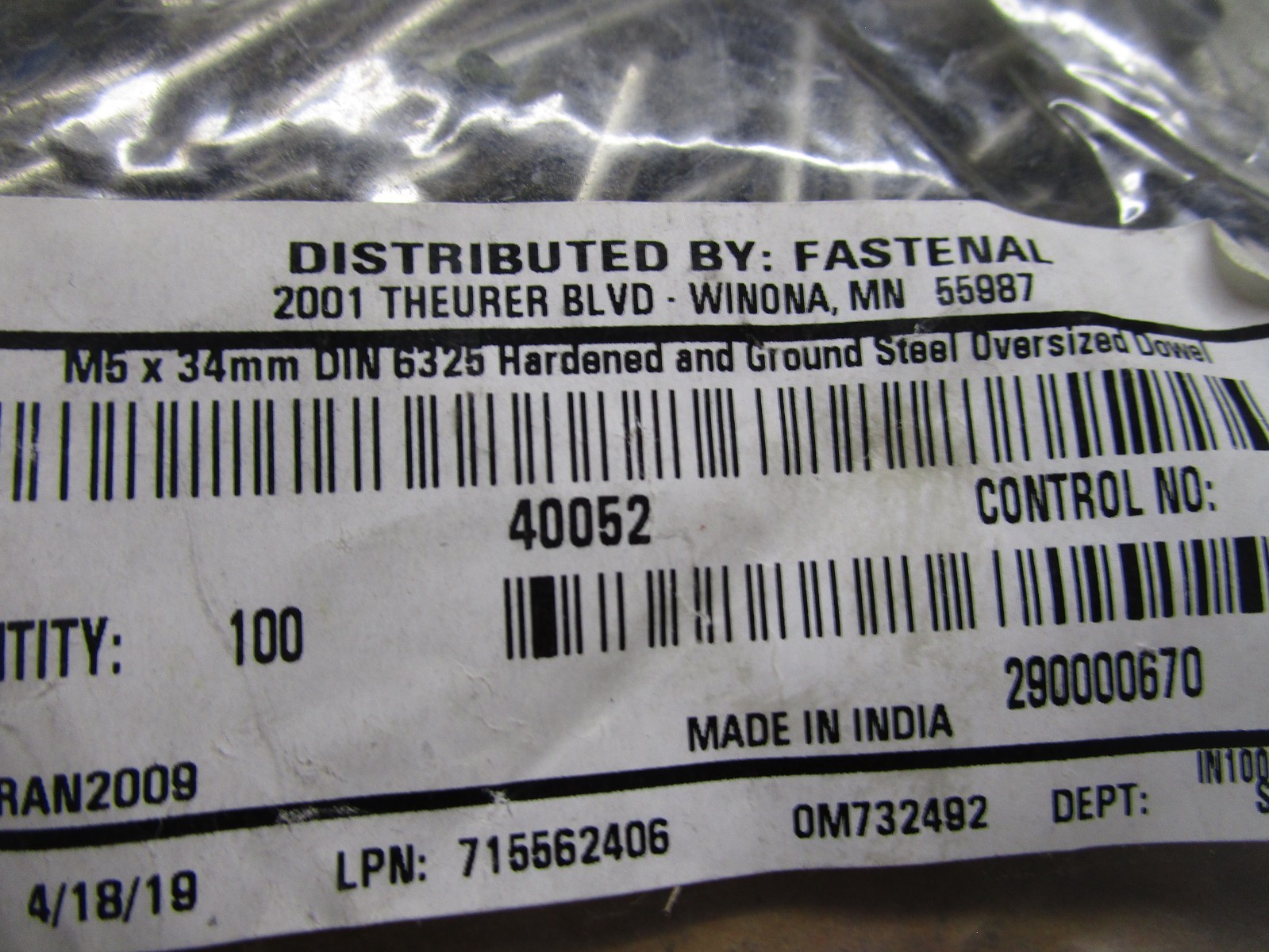 M5 x 34mm DIN 6325 Hardened and Ground Steel Oversized Dowel Pin QTY 100