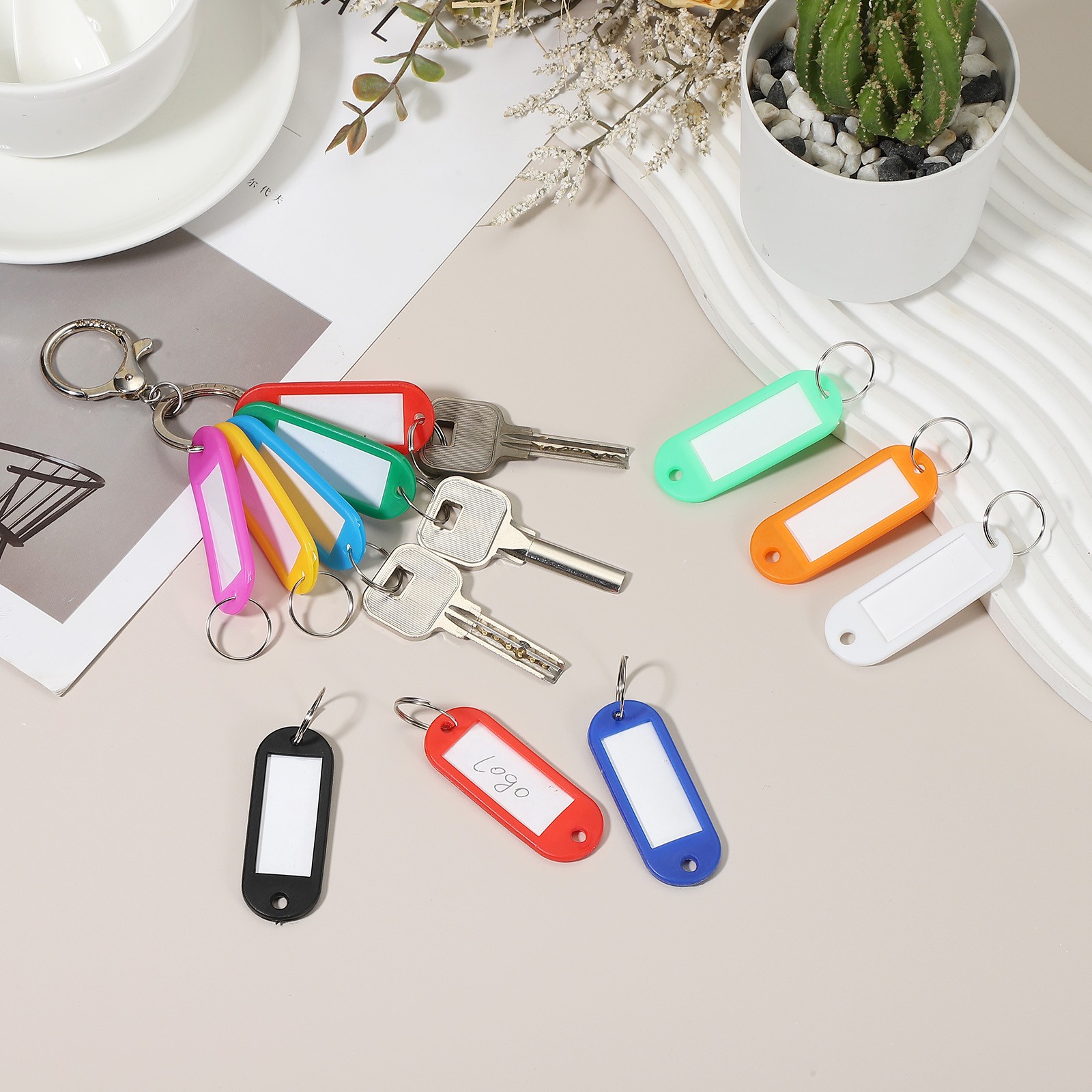 40pcs Plastic Key Tags with Split Ring Labels Window Green