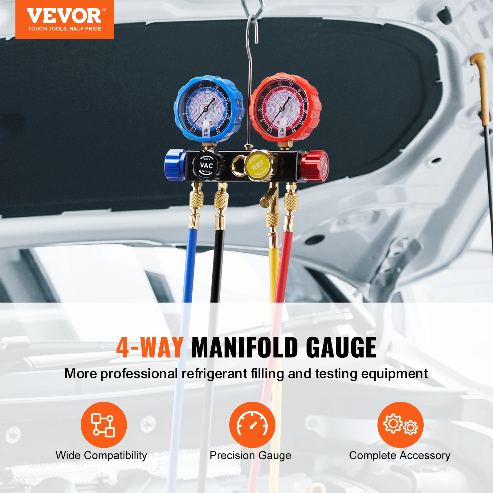 VEVOR AC Manifold Gauge Set 4-Way Fit R134A R12 R410A Refrigeration Charging