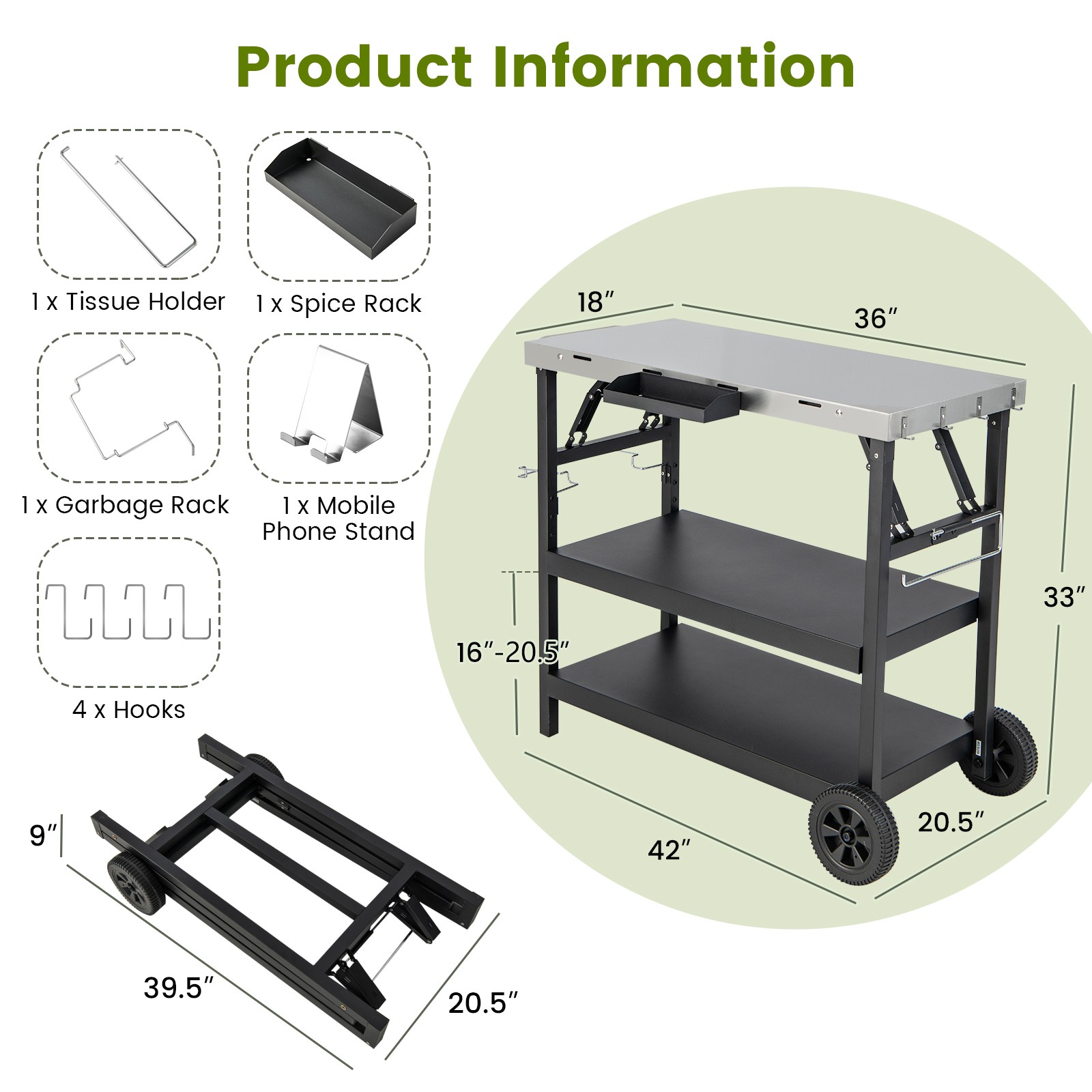 Costway 3-Shelf Movable Grill Cart Table Multifunctional Stainless Steel