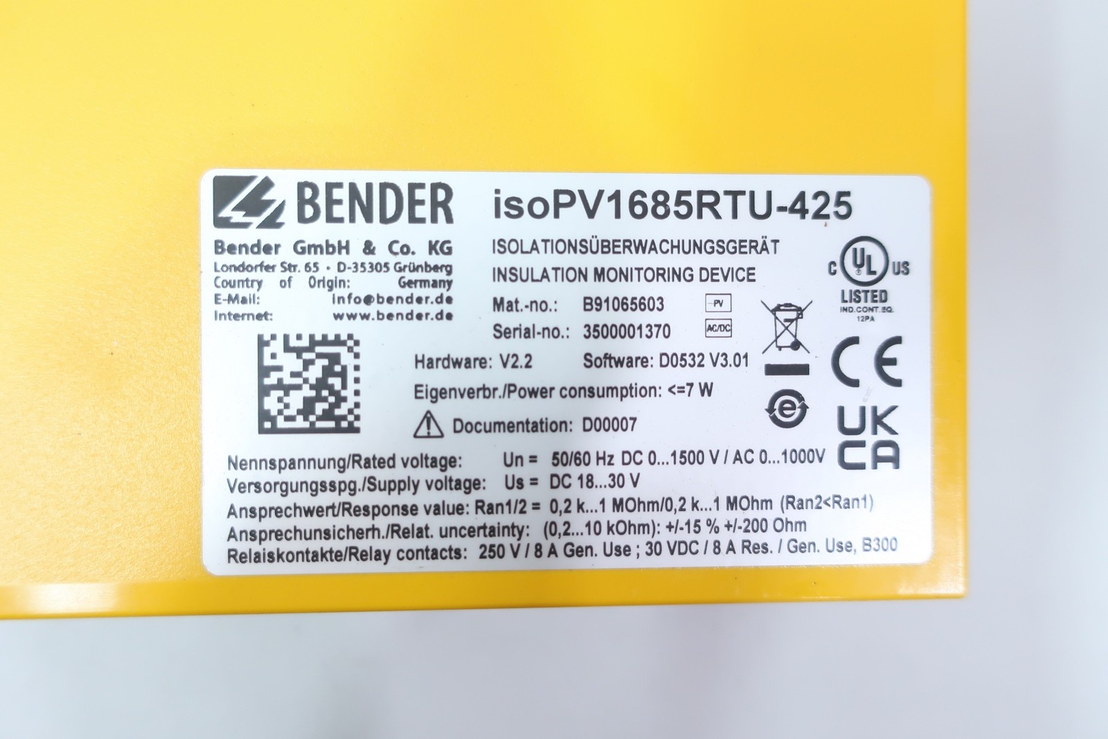 Bender ISOPV1685RTU-425 Isometer Insulation Monitoring Device 0-1000v-ac