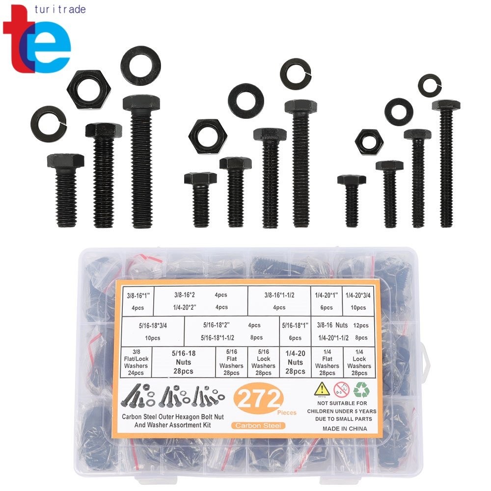272PCS Hex Bolts Screws With Nuts Flat Lock Washers Assortment Kit 1/4 5/16 3/8