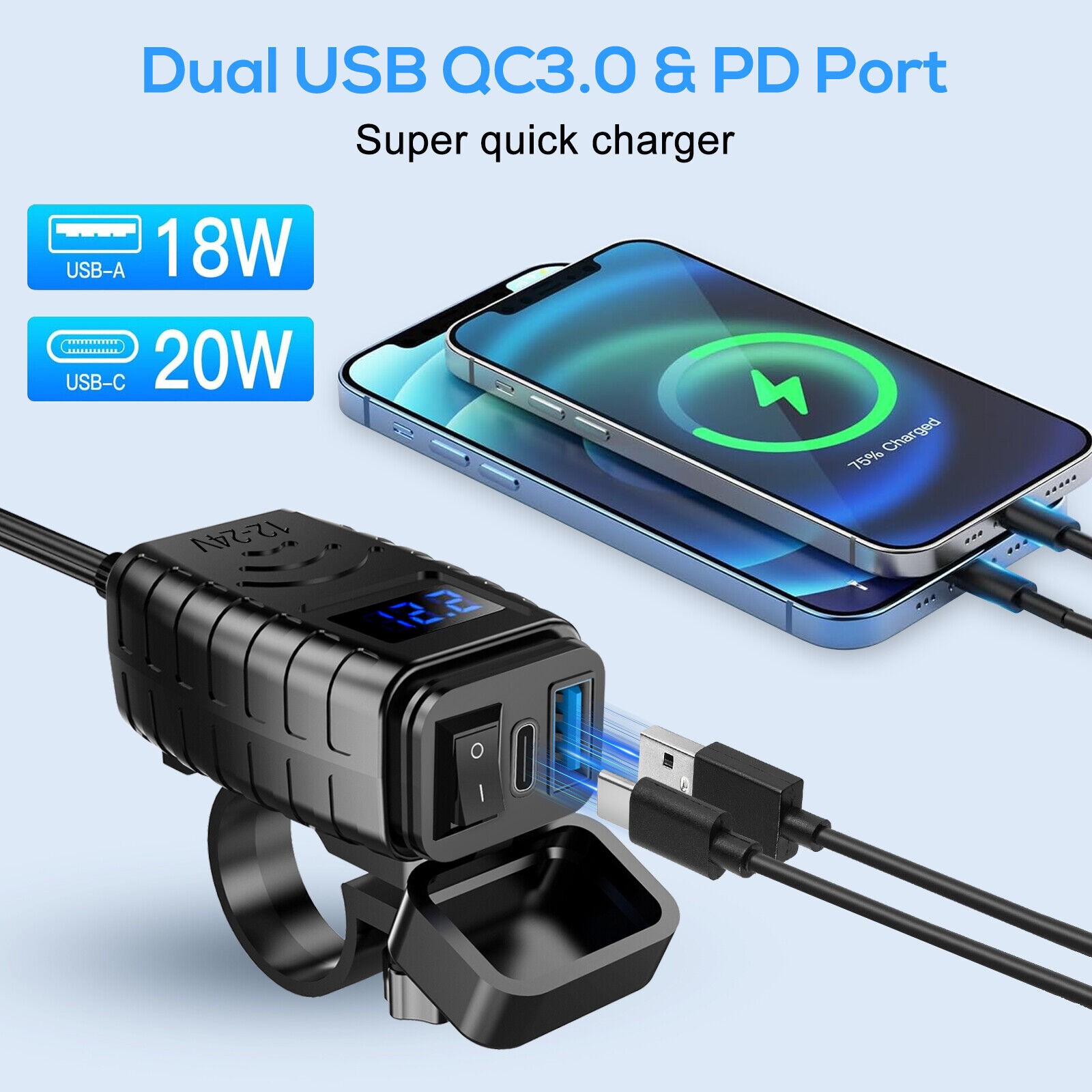 QC 3.0 Motorcycle SAE Dual USB Phone GPS Super Fast Charger Adapter Waterproof