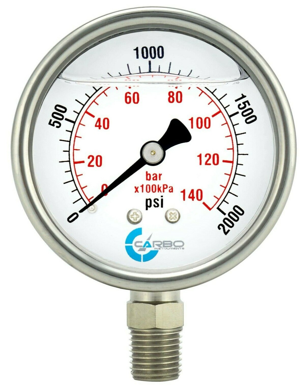 2″ Pressure Gauge, Stainless Steel Case, Liquid Filled, Lower Mnt, 2000 PSI