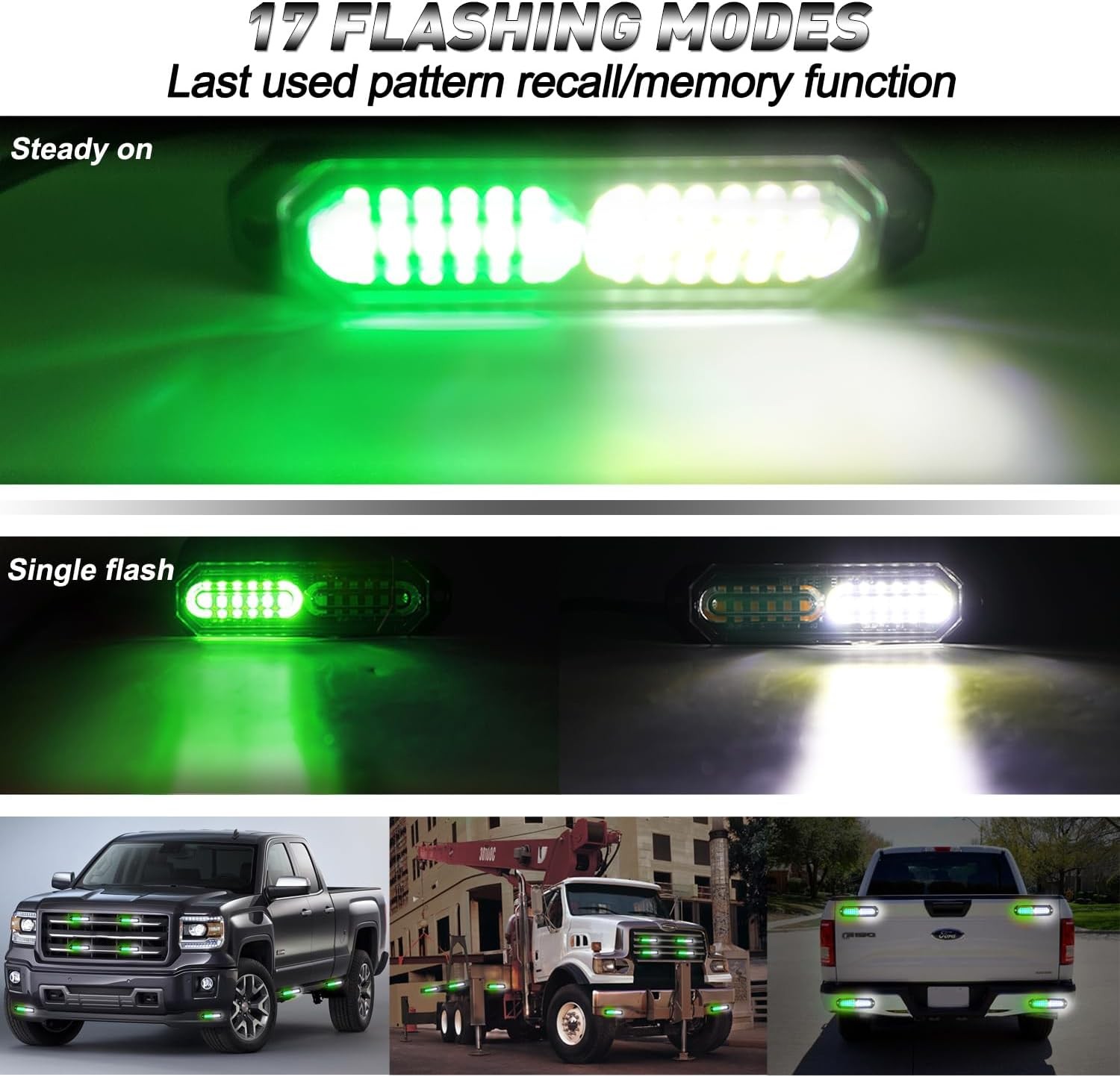 8pcs Ultra Slim LED Strobe Lights with Sync Feature for Trucks and Cars (Green &